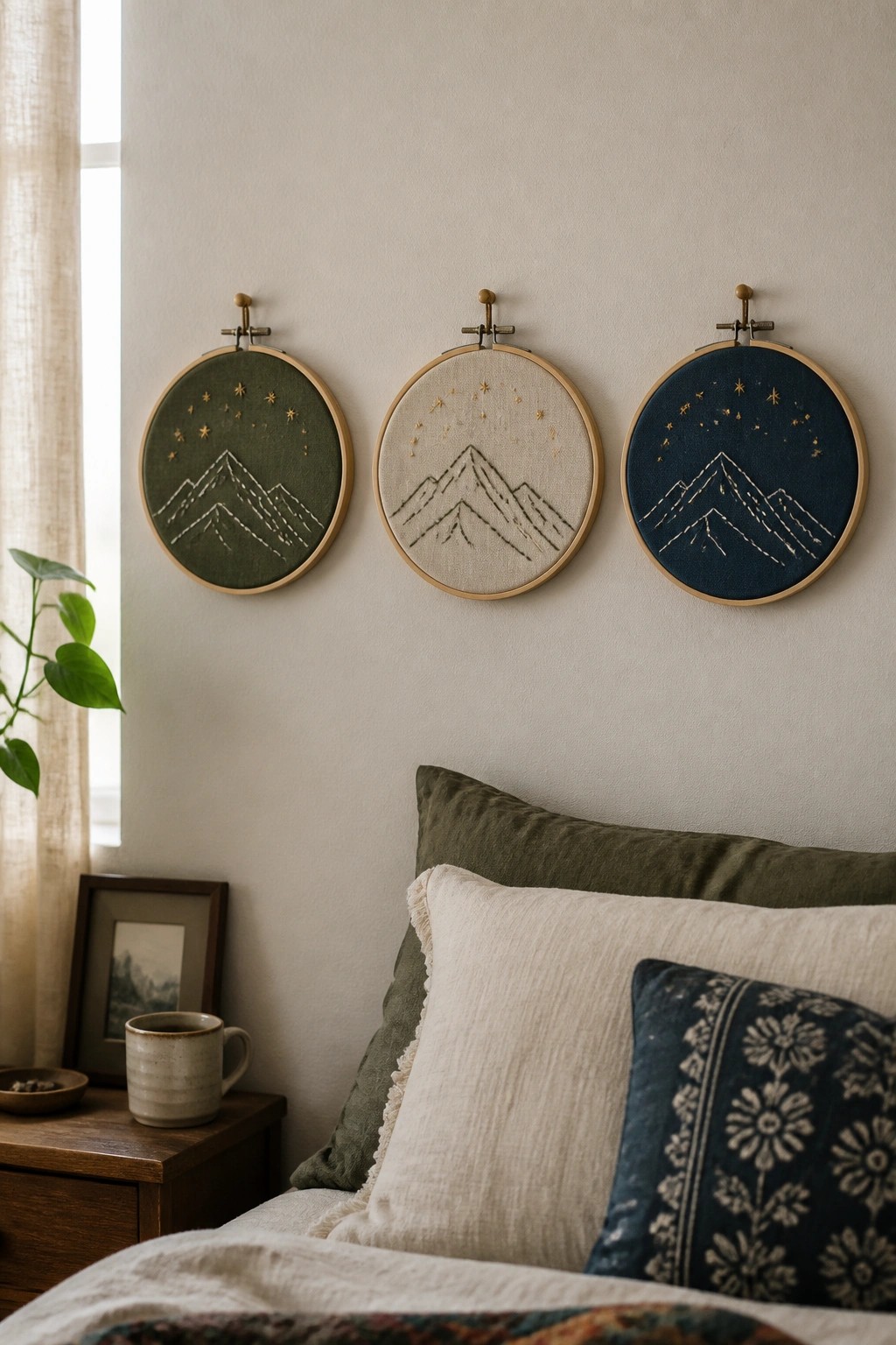 Three embroidered mountain hoops in green, beige, and navy above a bed.