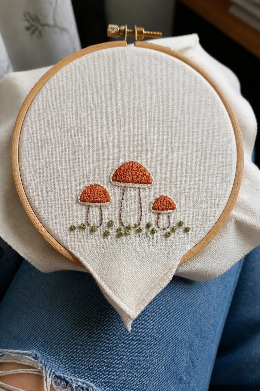 Embroidered orange mushrooms on white fabric in a hoop over blue denim.