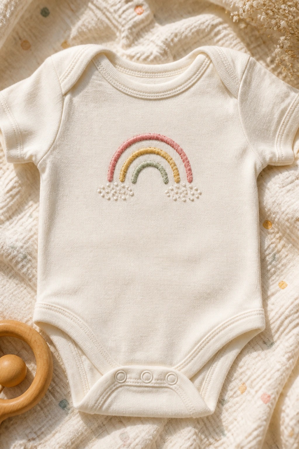 White baby onesie with a small embroidered rainbow in pastel threads and dotted clusters below it on the chest.