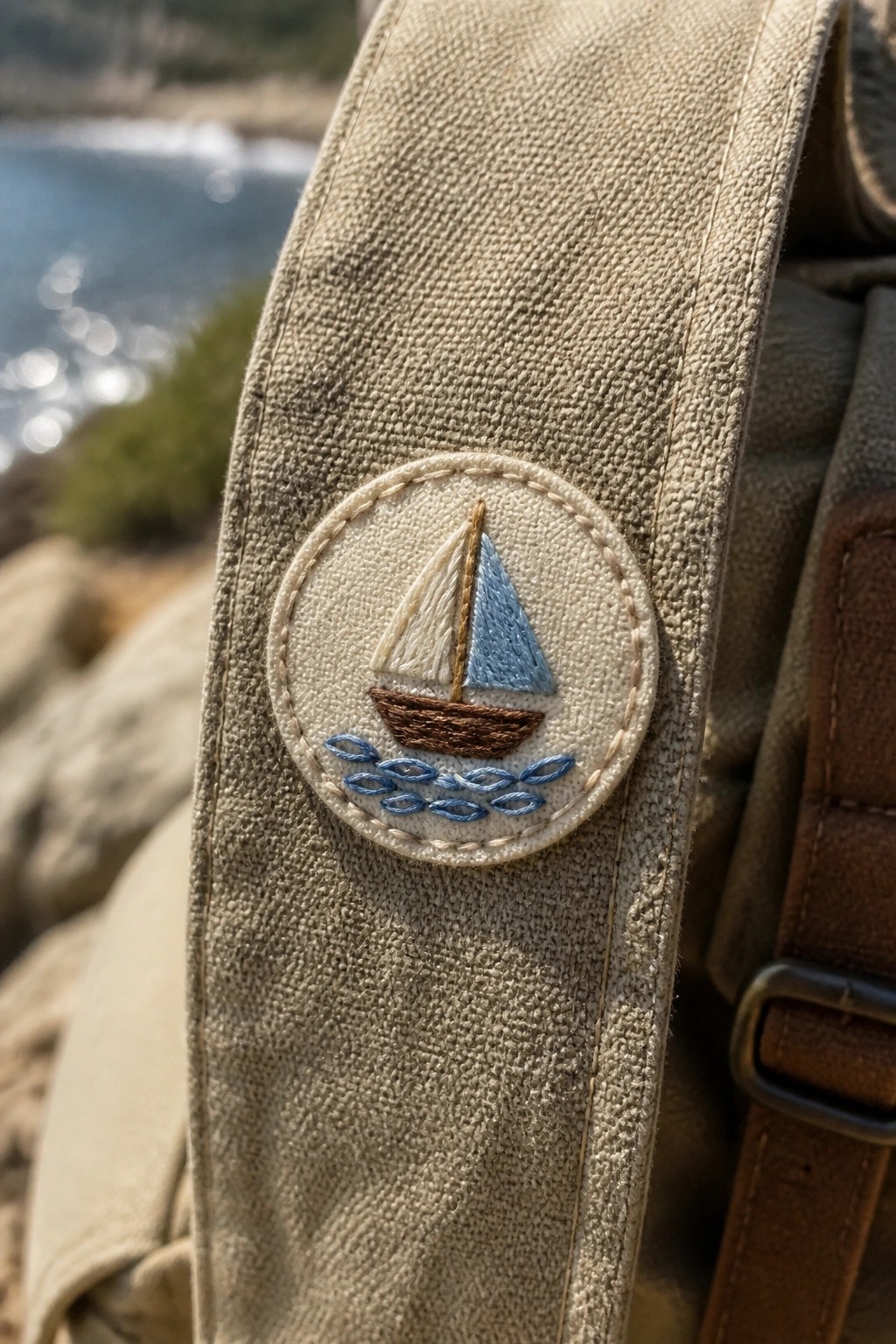 A close-up of a beige canvas bag strap with a circular embroidered patch showing a sailboat with cream and blue sails, a brown hull, and blue wave patterns below.