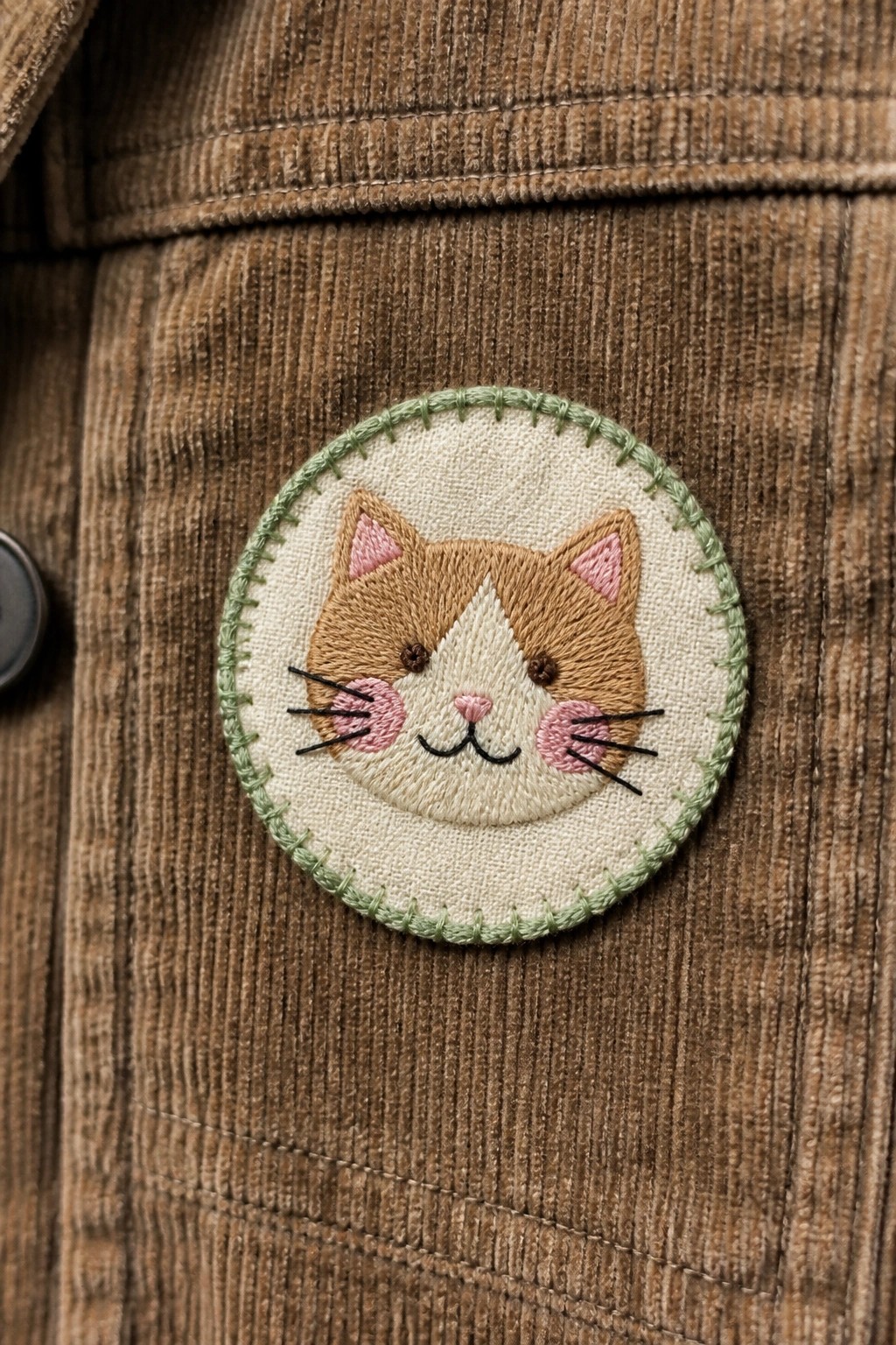 Circular embroidered cat patch on brown corduroy jacket with green border