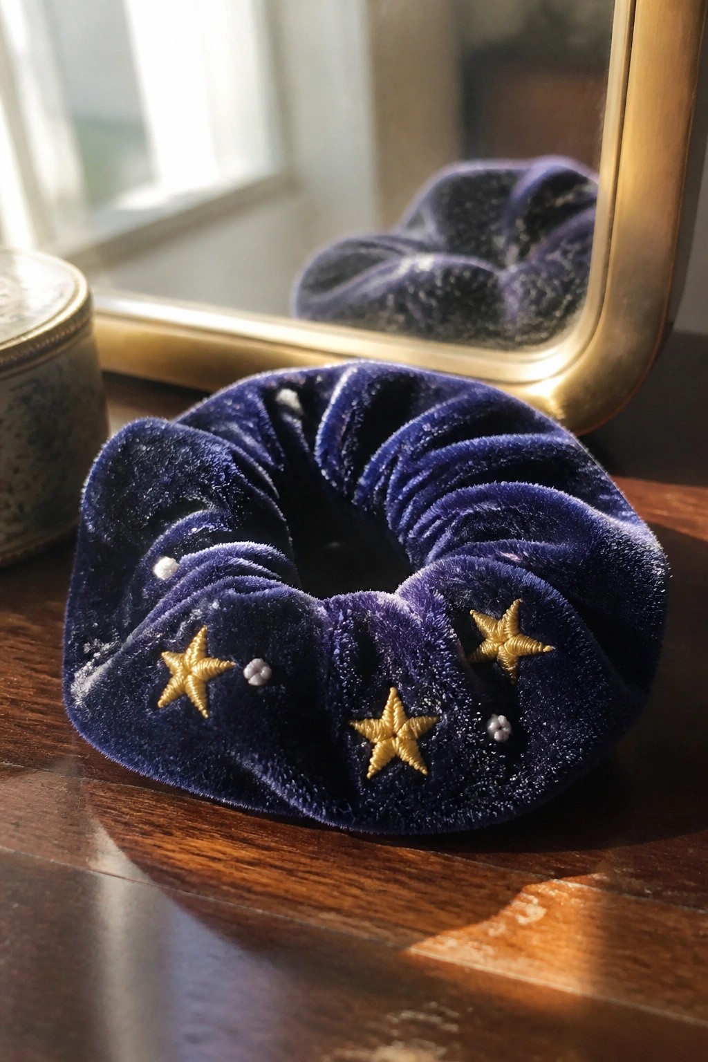 Navy blue velvet scrunchie with gold stars and pearls on wood near mirror