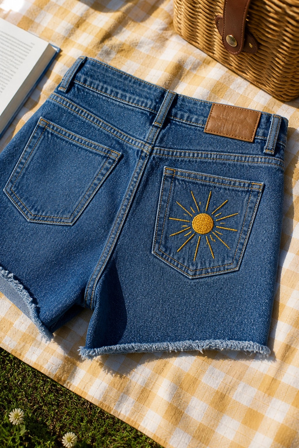 Blue denim shorts with yellow sunburst embroidery on the back right pocket resting on a yellow gingham blanket.
