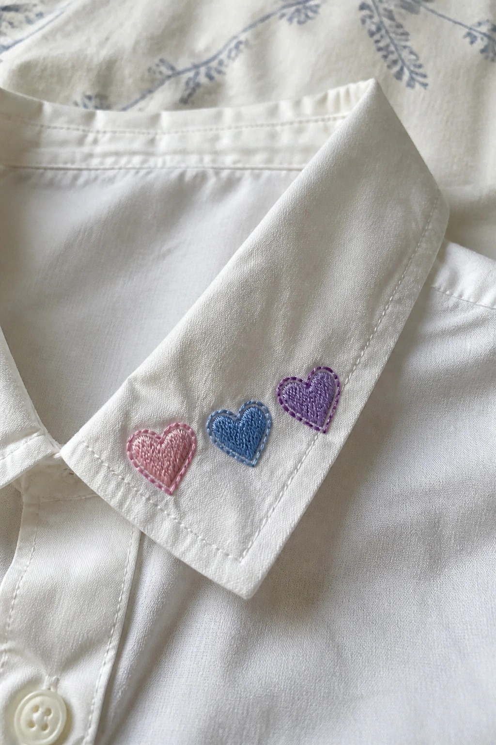 White shirt collar with pink, blue, and purple embroidered hearts.