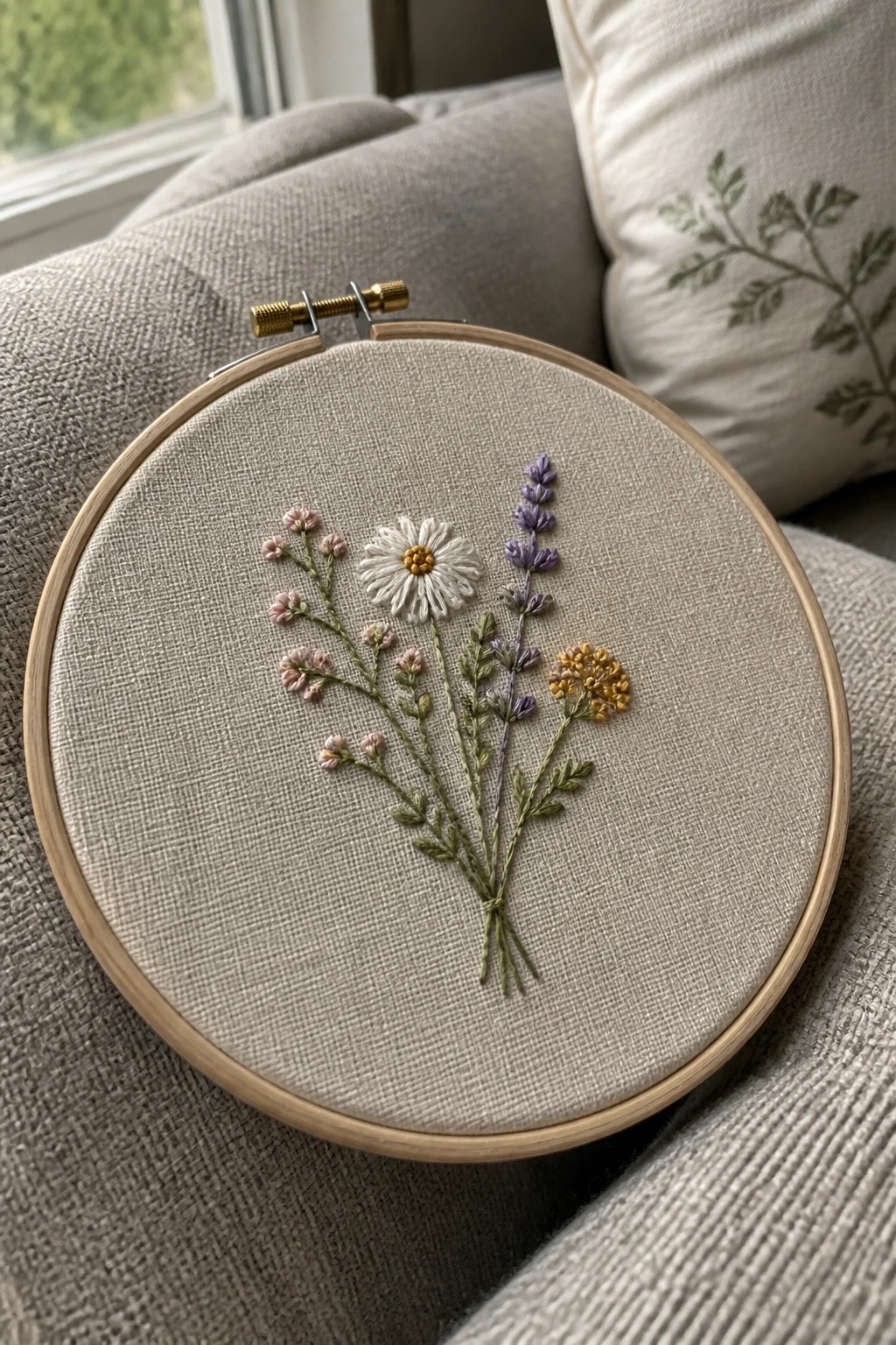 Wooden hoop holding embroidered pink, white, purple, and yellow wildflowers on beige fabric.