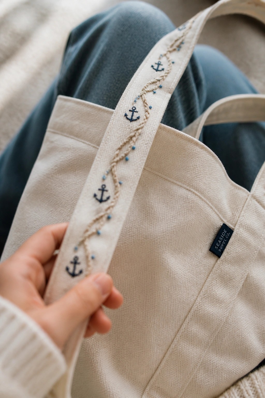 Hand holding beige tote bag strap embroidered with anchors and rope on lap