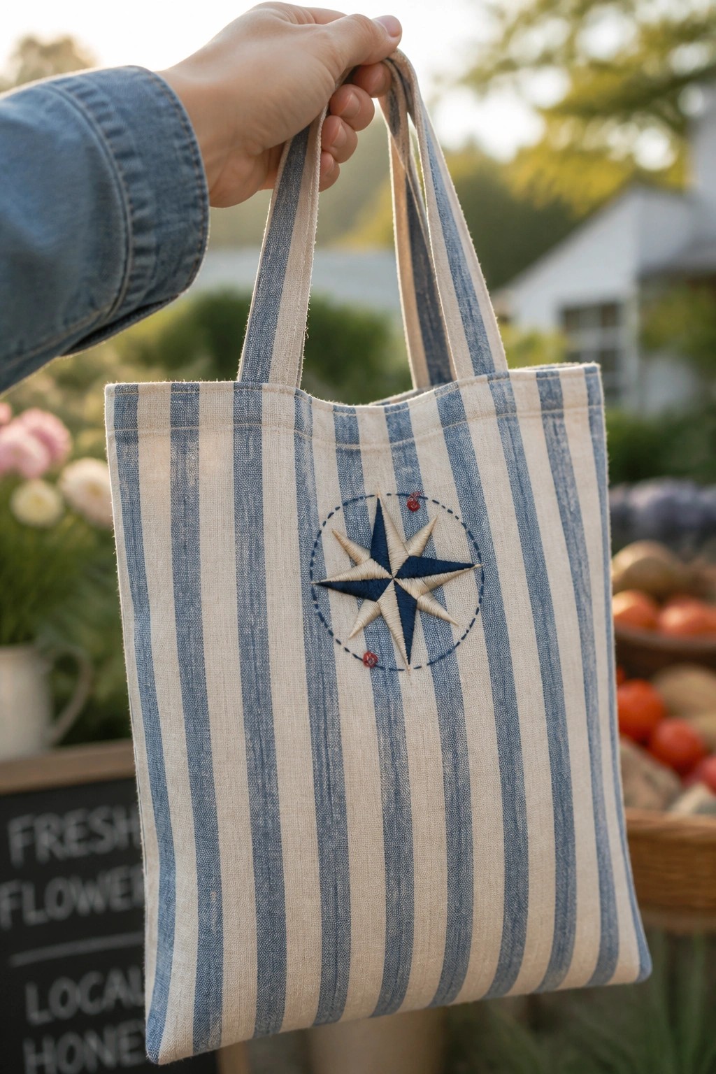 A hand holds a blue and white striped tote bag with a centered compass rose embroidery in navy and cream threads.