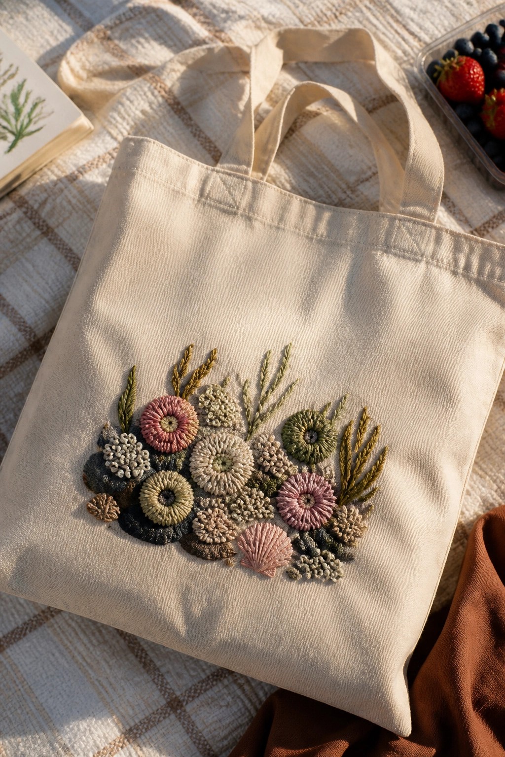 Cream tote bag with pink and green floral embroidery on checkered picnic blanket.