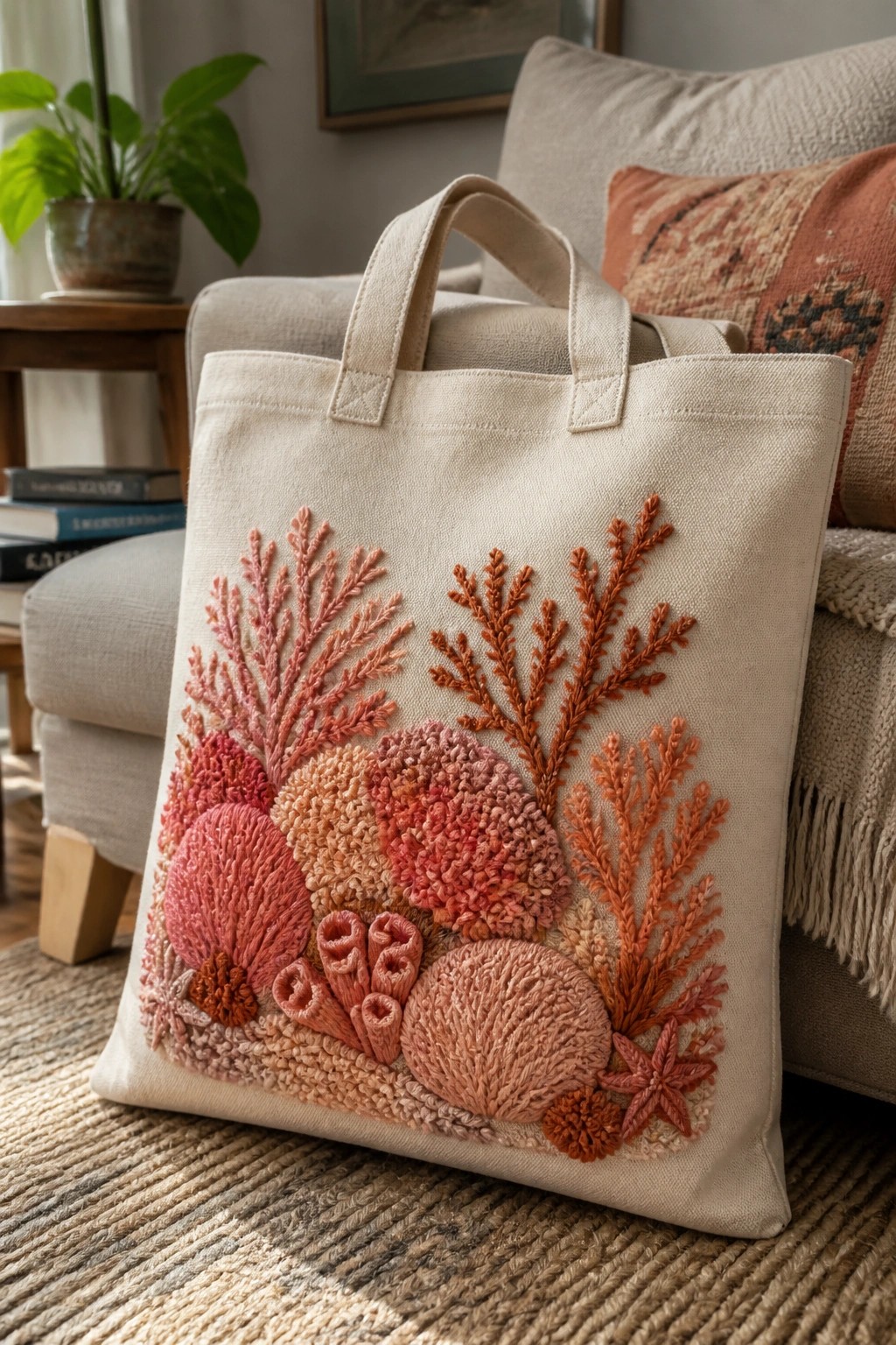 Beige canvas tote bag with pink and orange embroidered coral reef design on couch