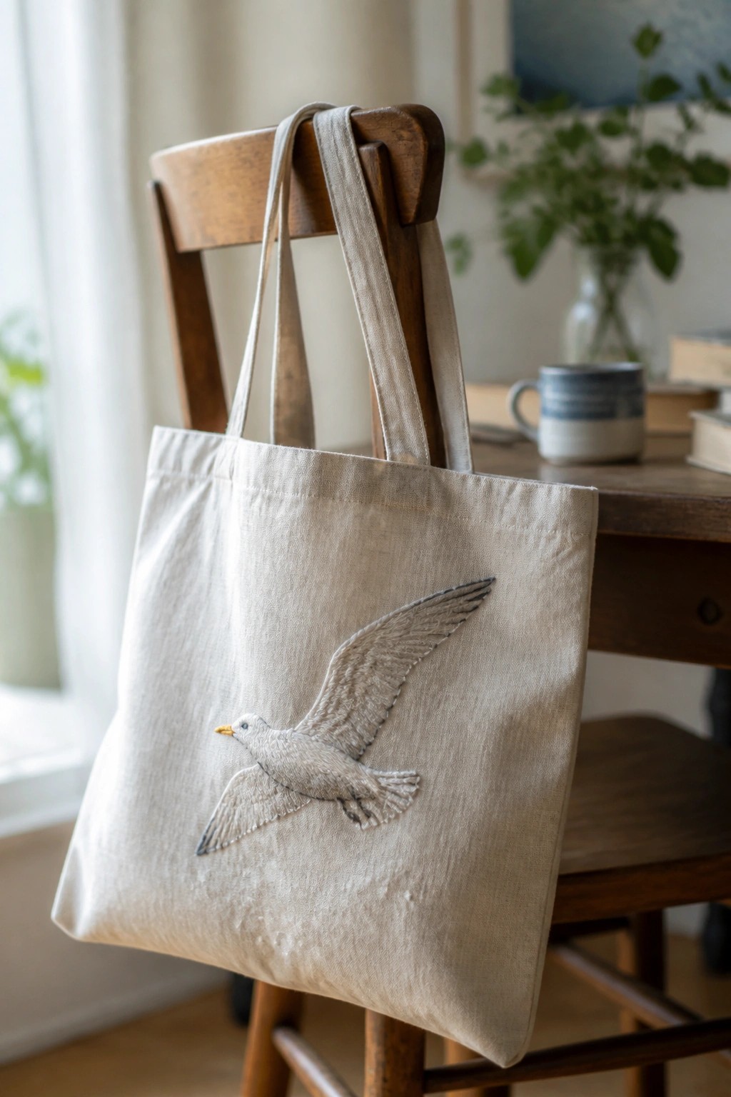 A beige tote bag embroidered with a flying seagull hangs on a wooden chair.