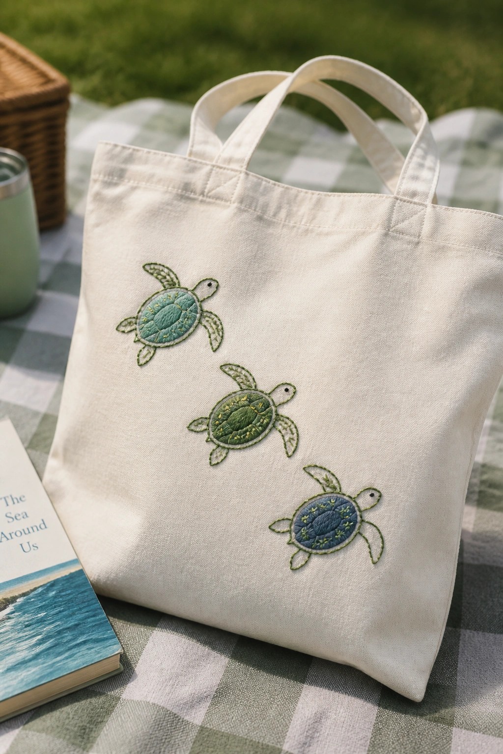 A canvas tote bag with three embroidered sea turtles in green and blue threads arranged diagonally on a picnic blanket.
