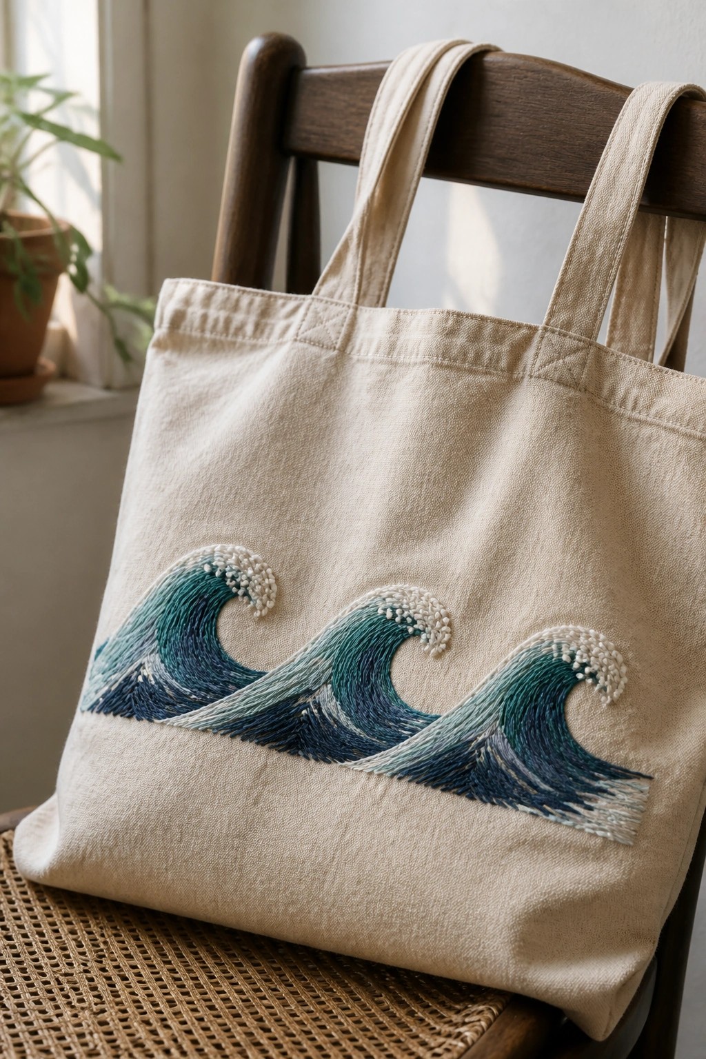 Beige tote bag with blue wave embroidery on a wooden chair.