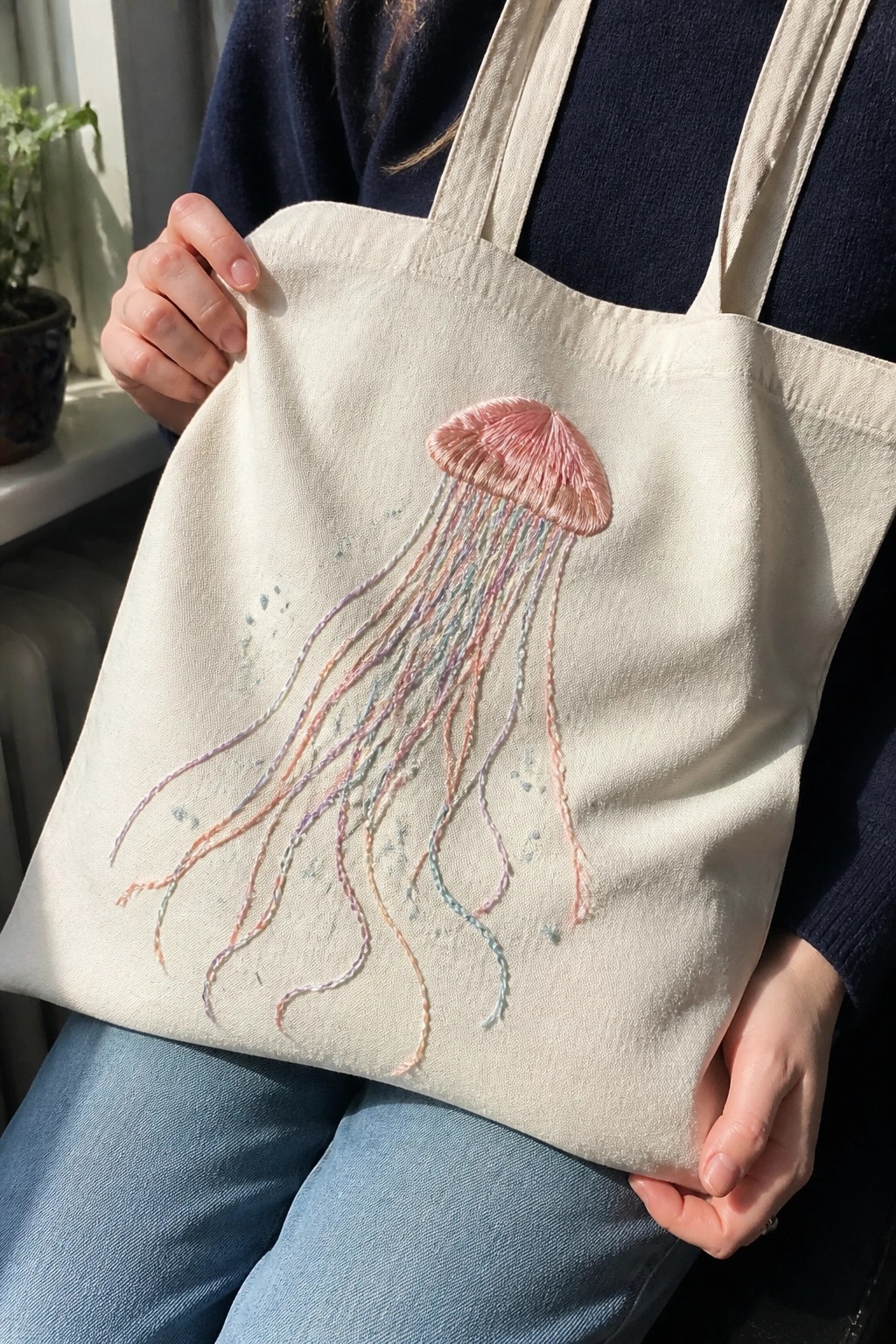 Person in navy sweater holding beige tote with pink embroidered jellyfish