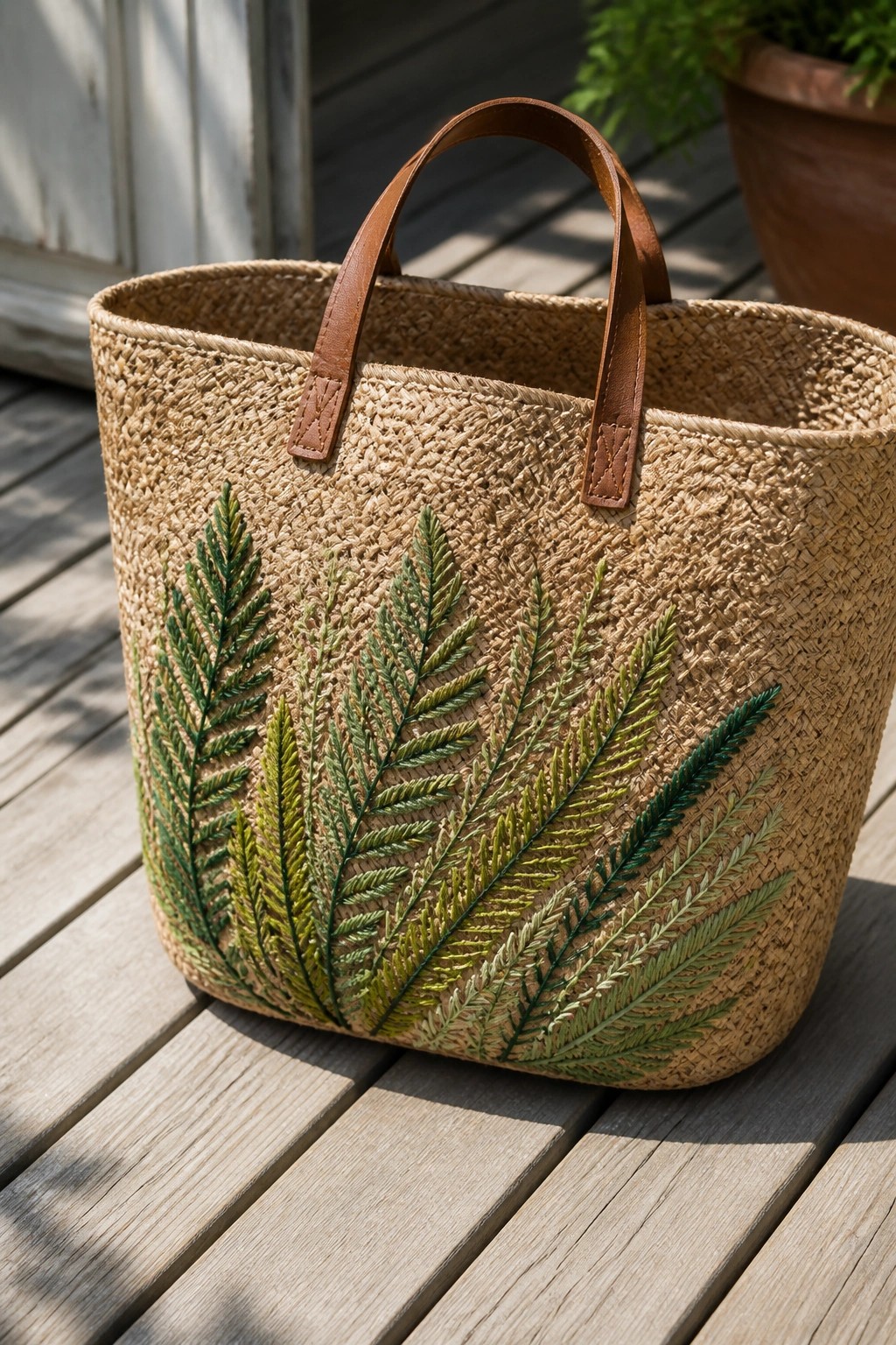 A woven tote bag with brown leather handles embroidered with green fern leaves on a wooden surface.