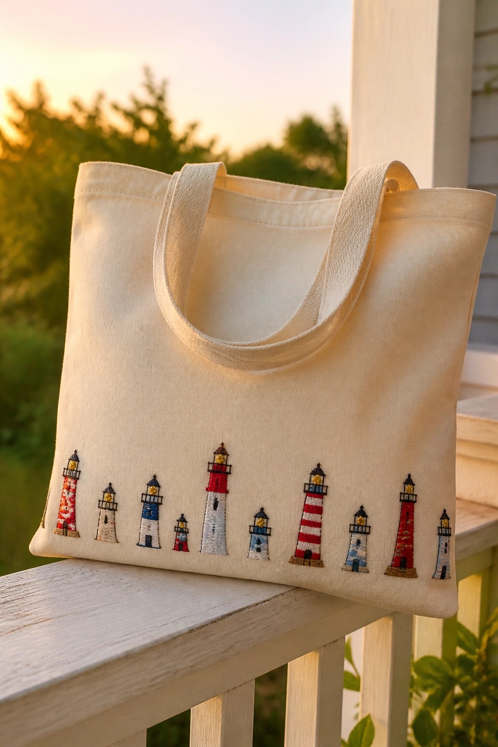 Cream canvas tote bag with colorful embroidered lighthouses on white wooden railing at sunset