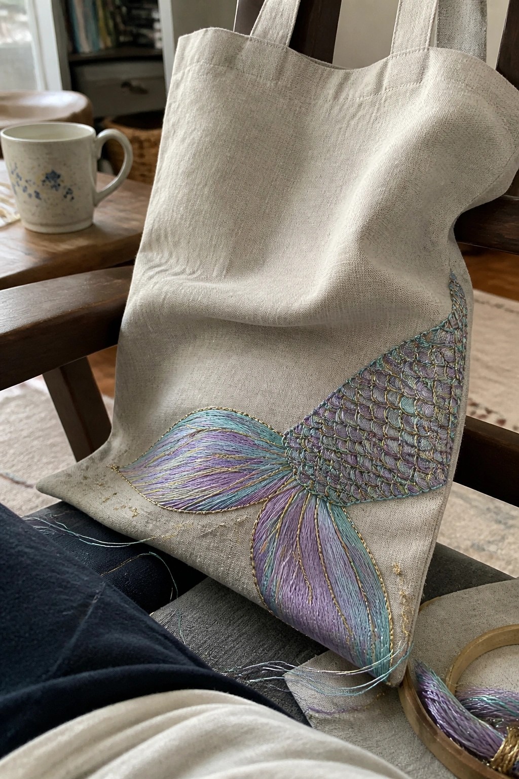 A beige tote bag with an embroidered mermaid tail in purple, blue, and teal threads resting on a wooden chair.