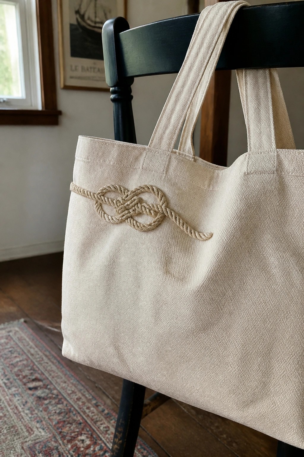 Beige canvas tote bag with rope knot detail on black wooden chair