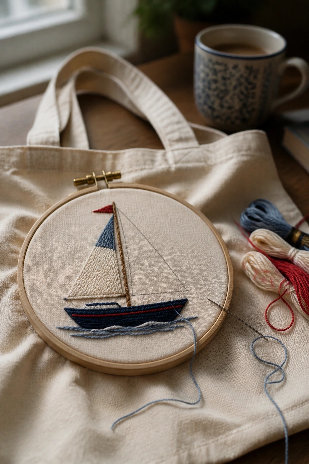 Embroidery hoop with a sailboat design resting on a canvas tote bag next to loose thread skeins.