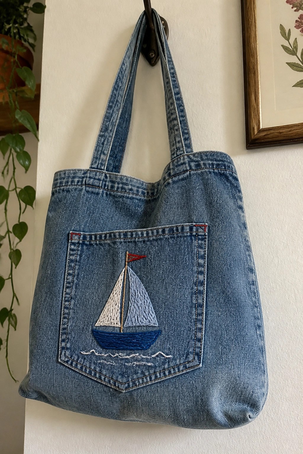 A blue denim tote bag with a sailboat embroidered on the front pocket hanging from a wall hook.