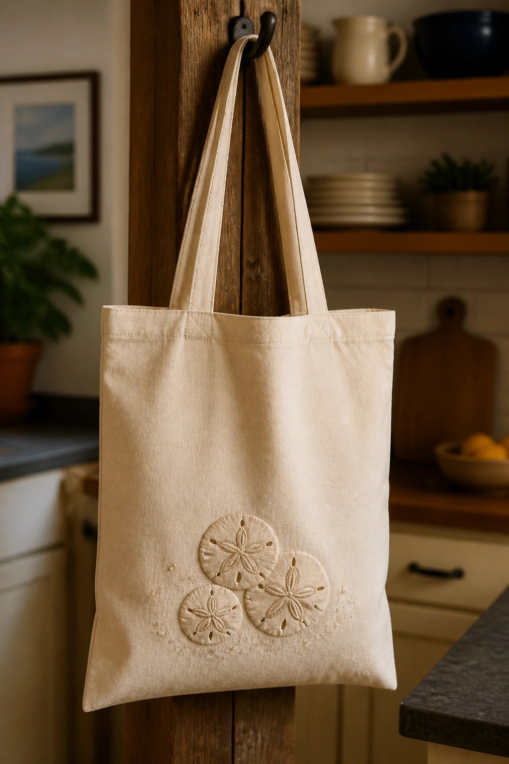 A beige canvas tote bag hanging on a wooden hook with three embroidered sand dollar designs clustered on the lower front.