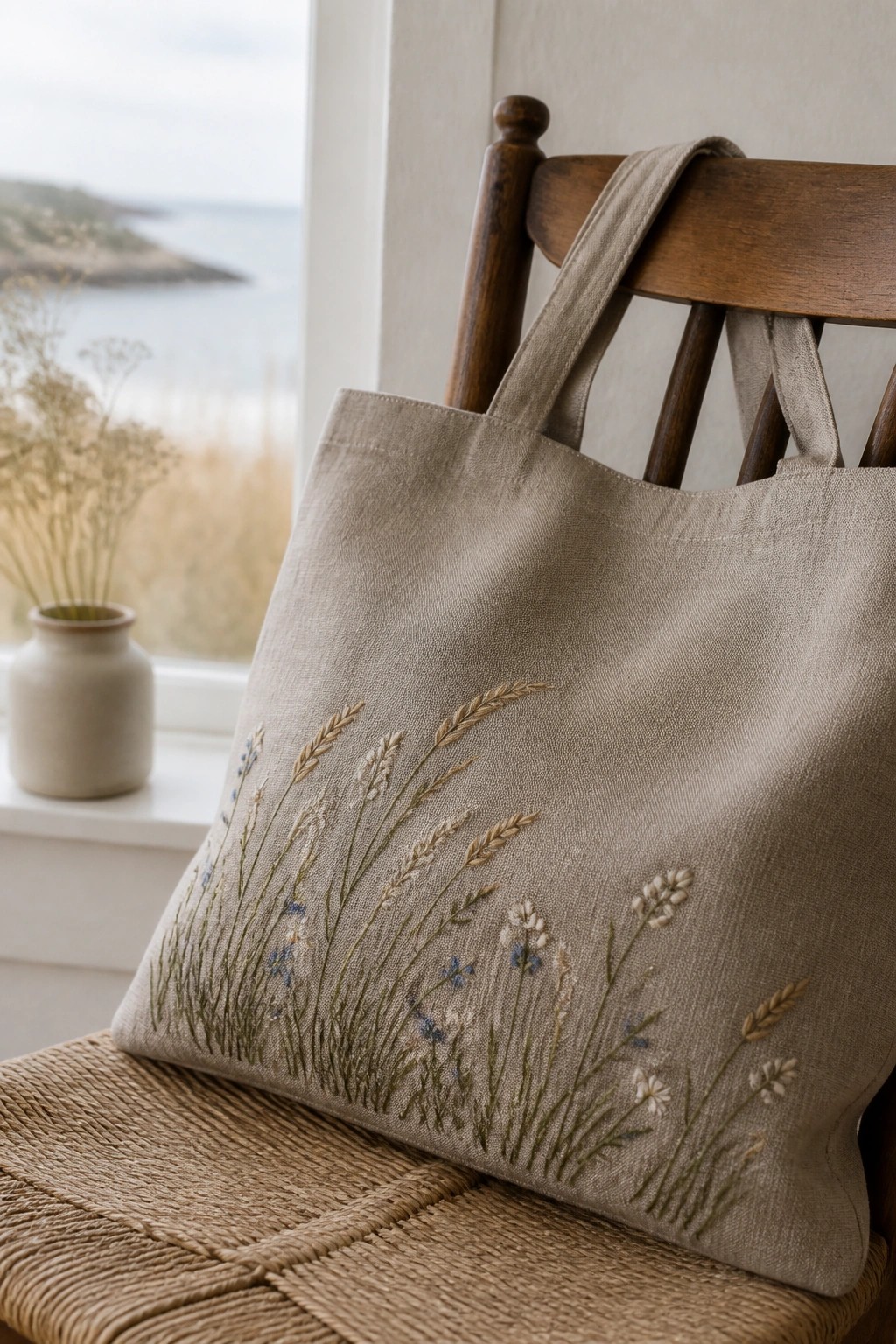 A beige linen tote bag with embroidered wildflowers and grasses draped over a wooden chair by a window.