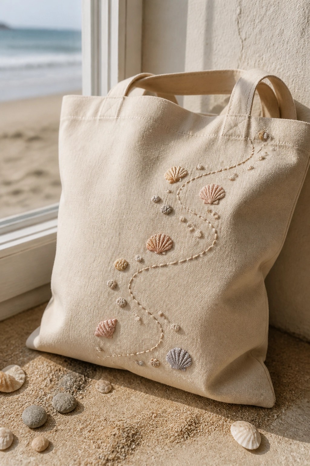 Beige tote bag with pastel seashell embroidery on sandy beach by ocean window