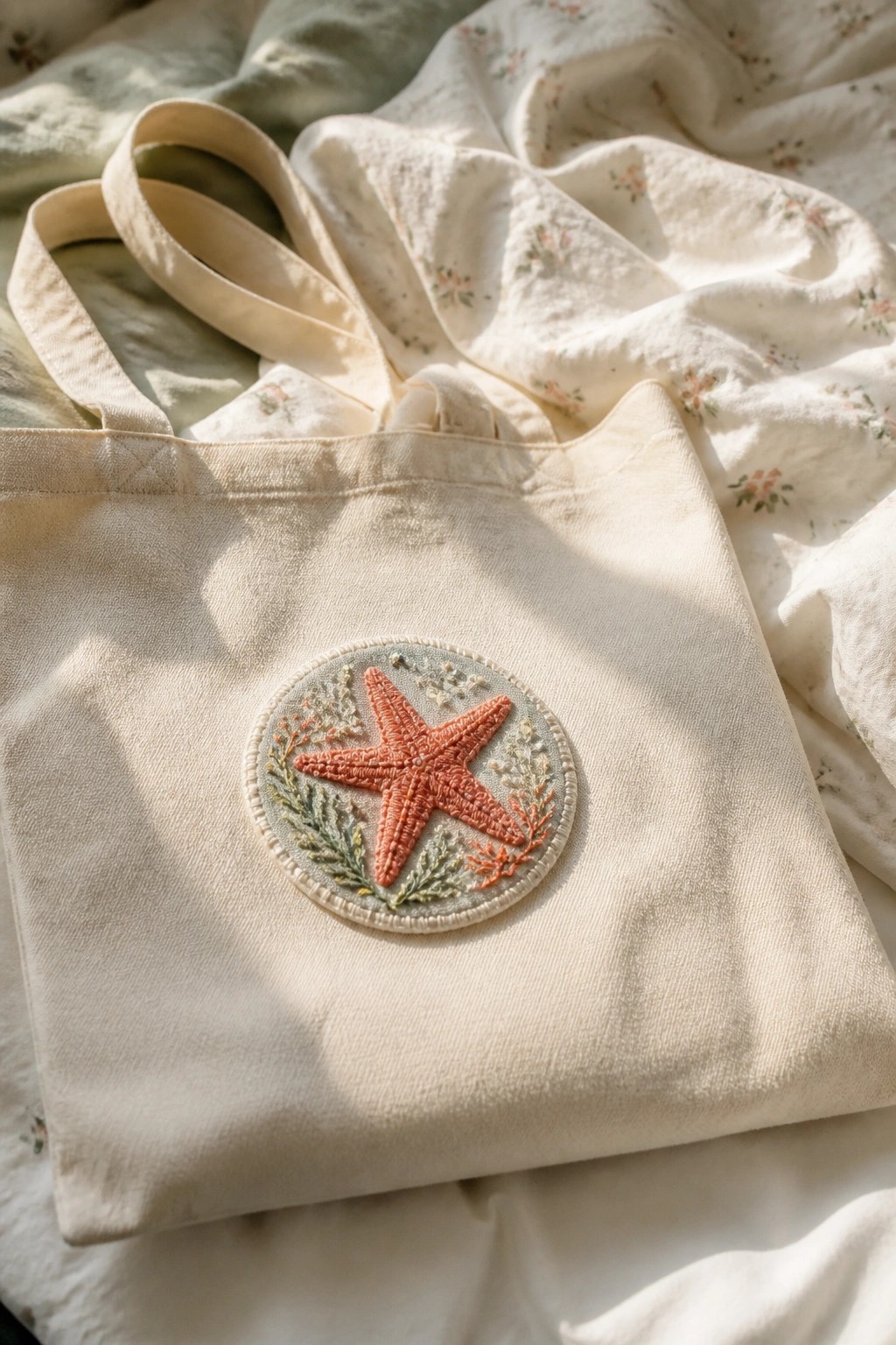 Cream tote bag with embroidered starfish patch on floral fabric in sunlight