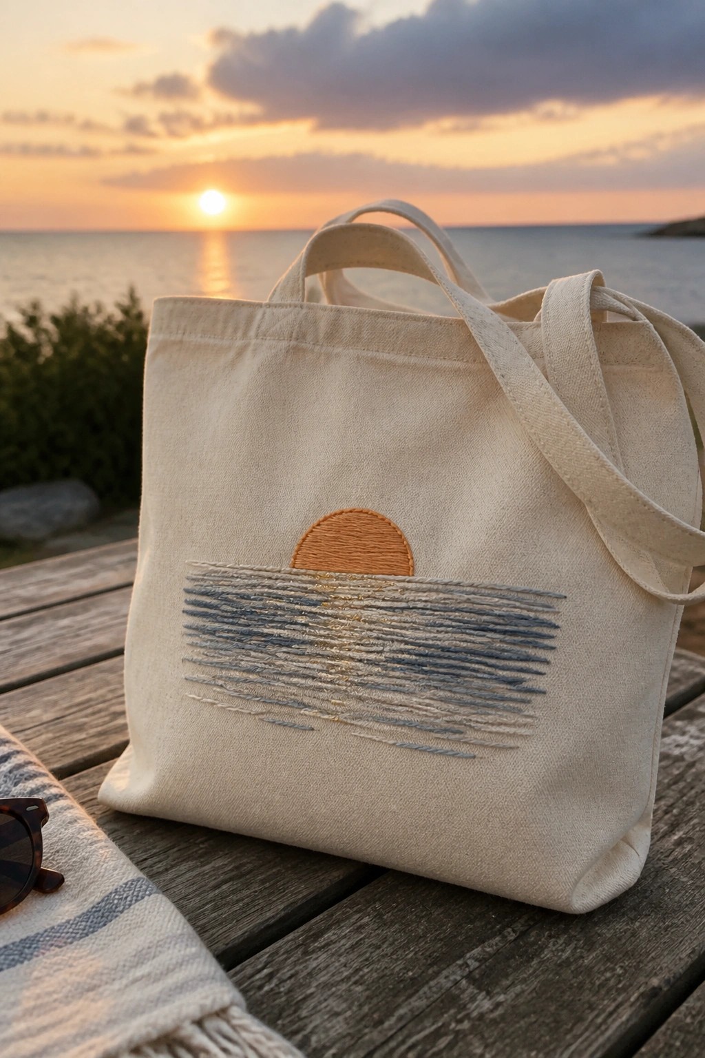 A cream canvas tote bag with an orange embroidered sun and blue-gray horizontal lines sits on a wooden table by the water at sunset.
