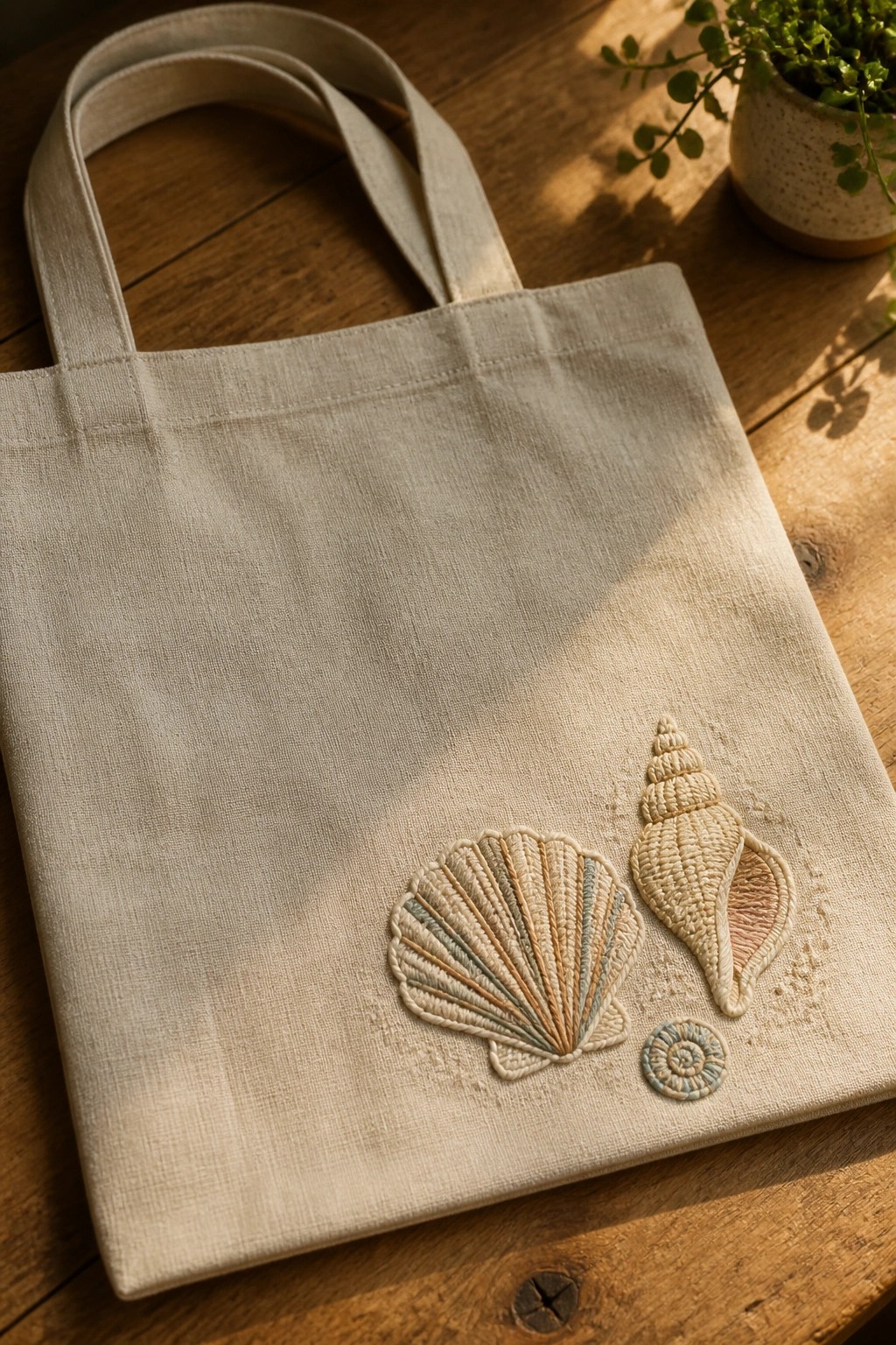 A beige canvas tote bag with three embroidered seashells in neutral tones rests on a wooden table beside a potted plant.
