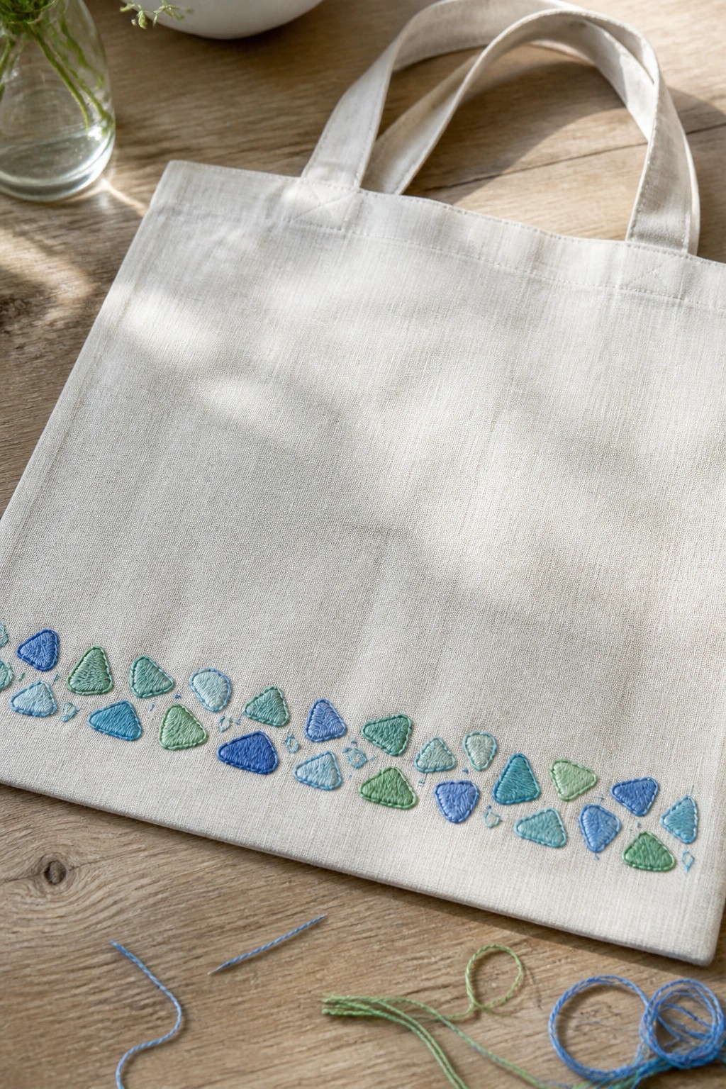 White tote bag with blue-green triangular embroidery on wooden table with threads