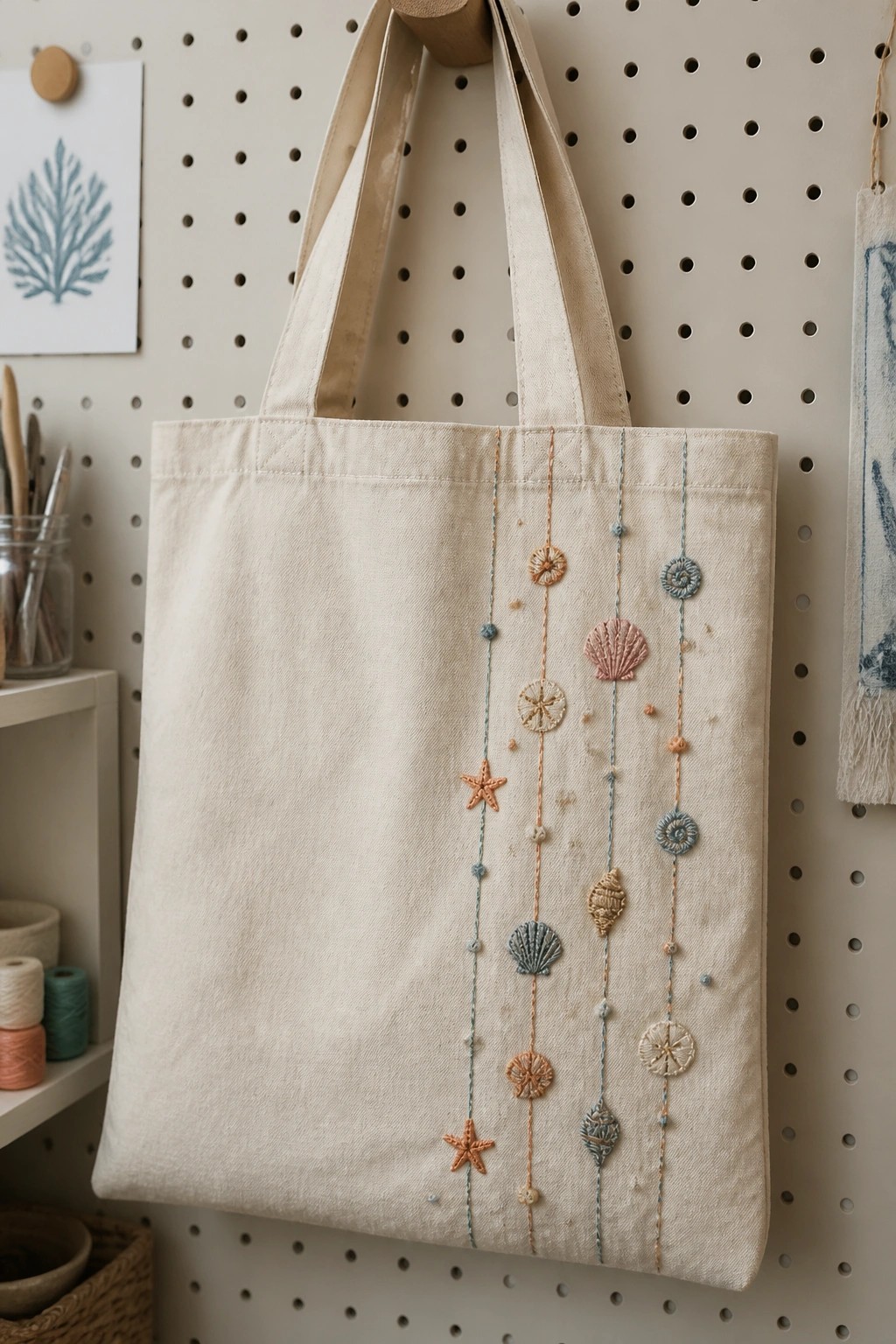 A beige canvas tote bag with vertical rows of embroidered seashells, starfish, and circular motifs in soft orange and blue tones hanging on a pegboard.