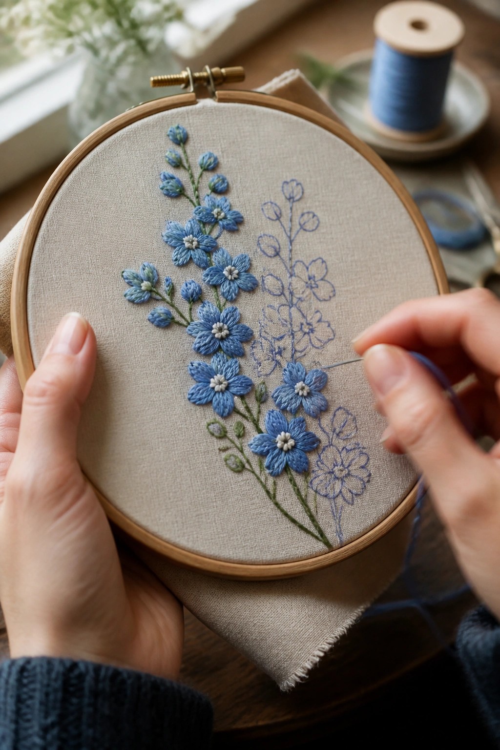 Hands embroidering blue flowers on beige fabric in wooden hoop.