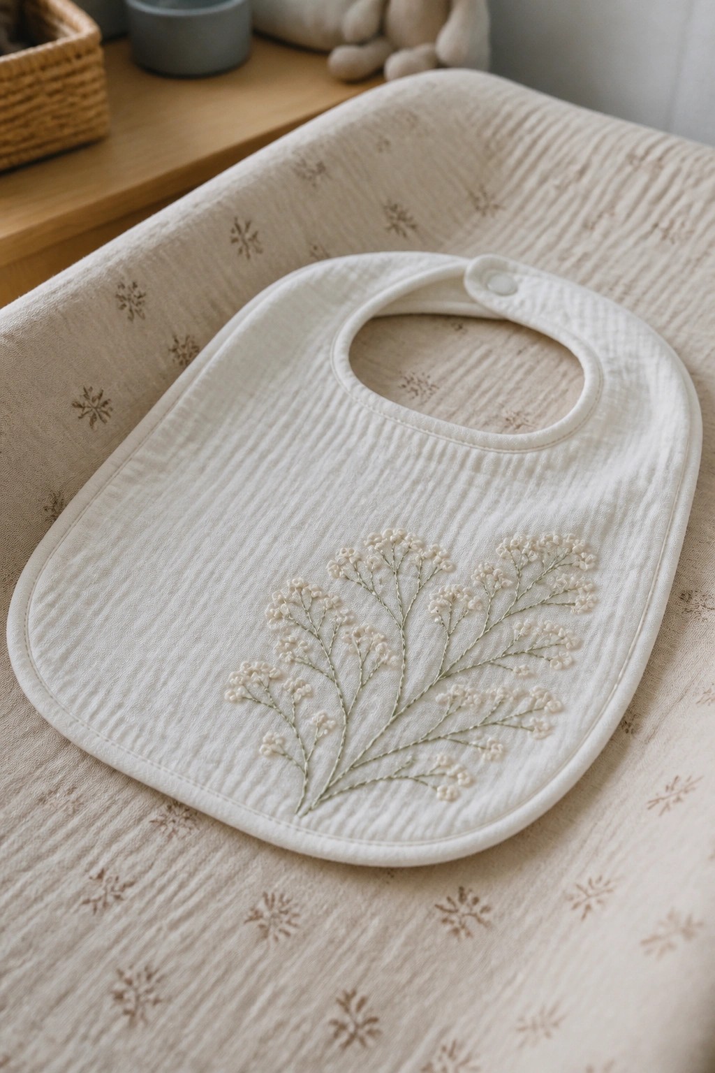 White baby bib with delicate floral embroidery on beige patterned fabric