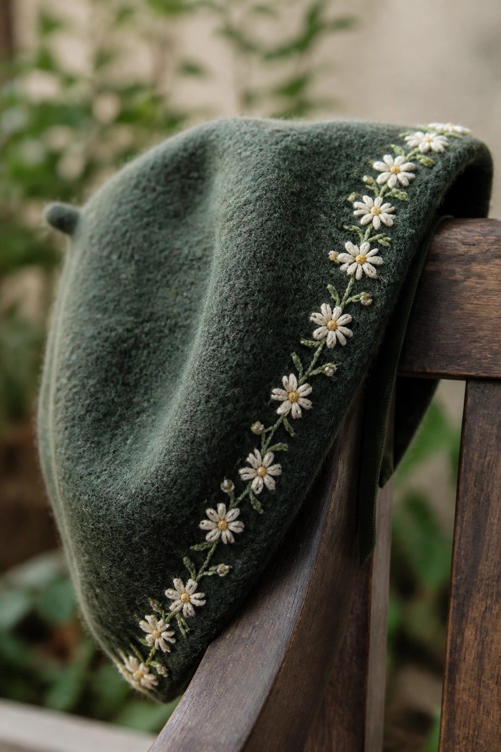 Green wool beret with white daisy embroidery on wooden chair armrest.