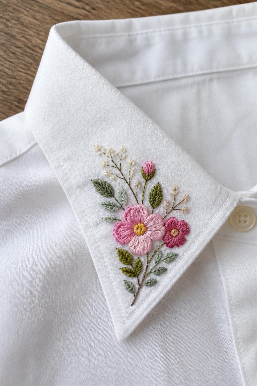 White collared shirt with pink floral embroidery and green leaves on collar