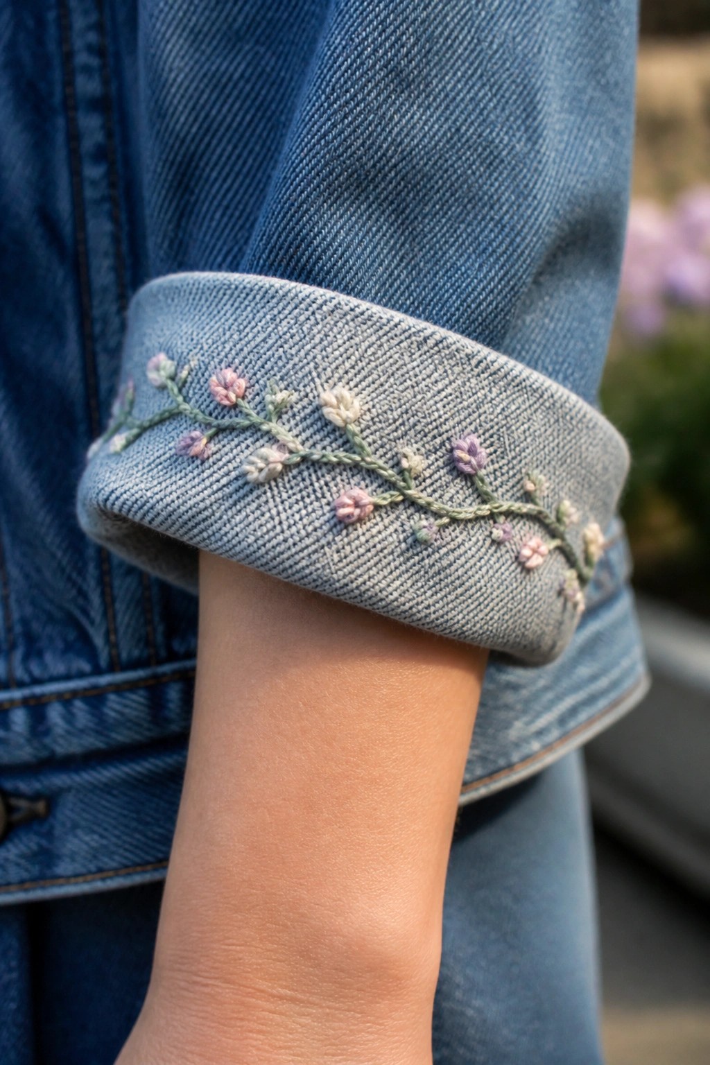 Blue denim jacket cuff with delicate pink and purple floral embroidery