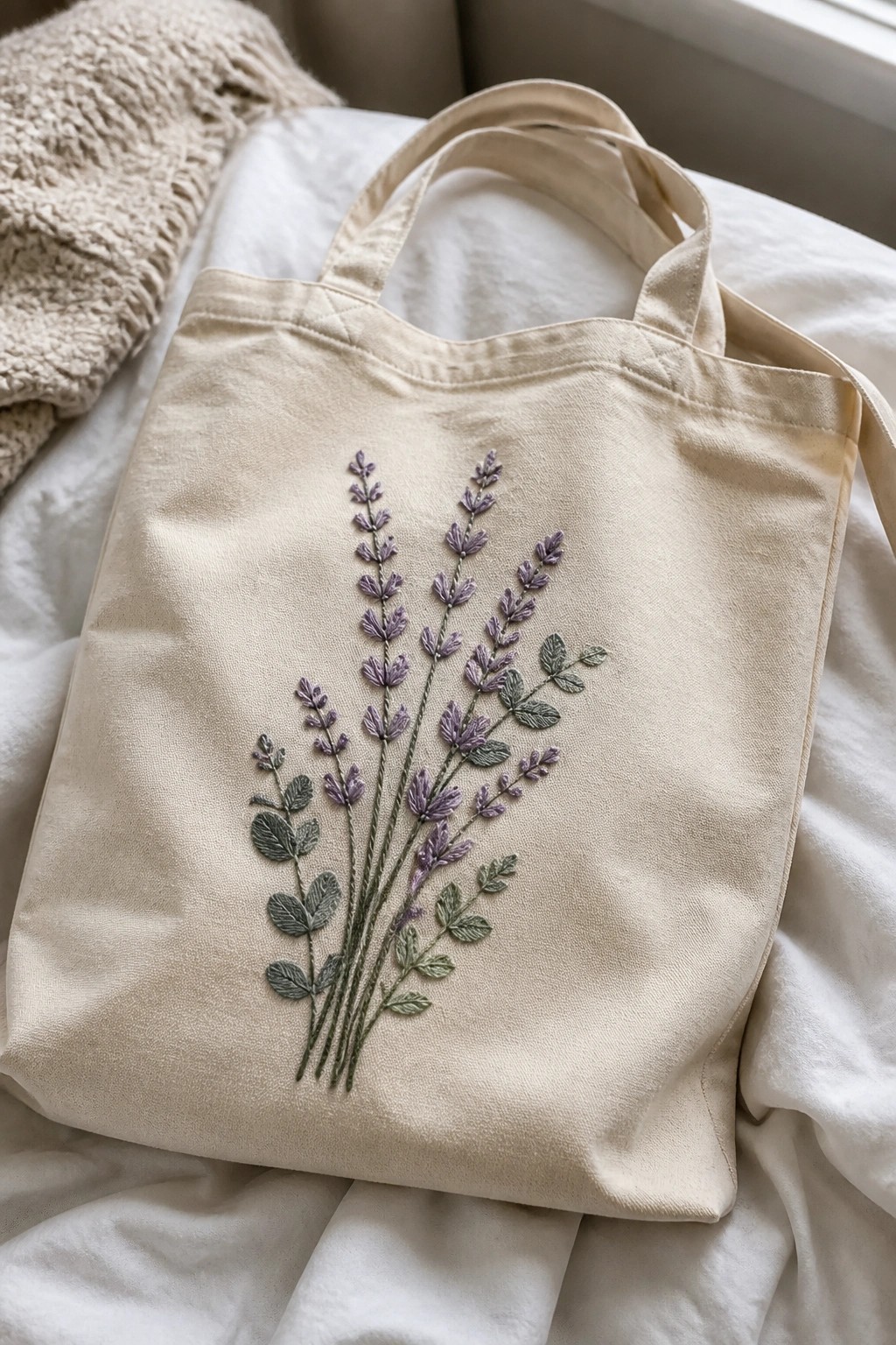 A beige canvas tote bag with embroidered lavender stems in purple and green rests on white fabric beside a knitted item.