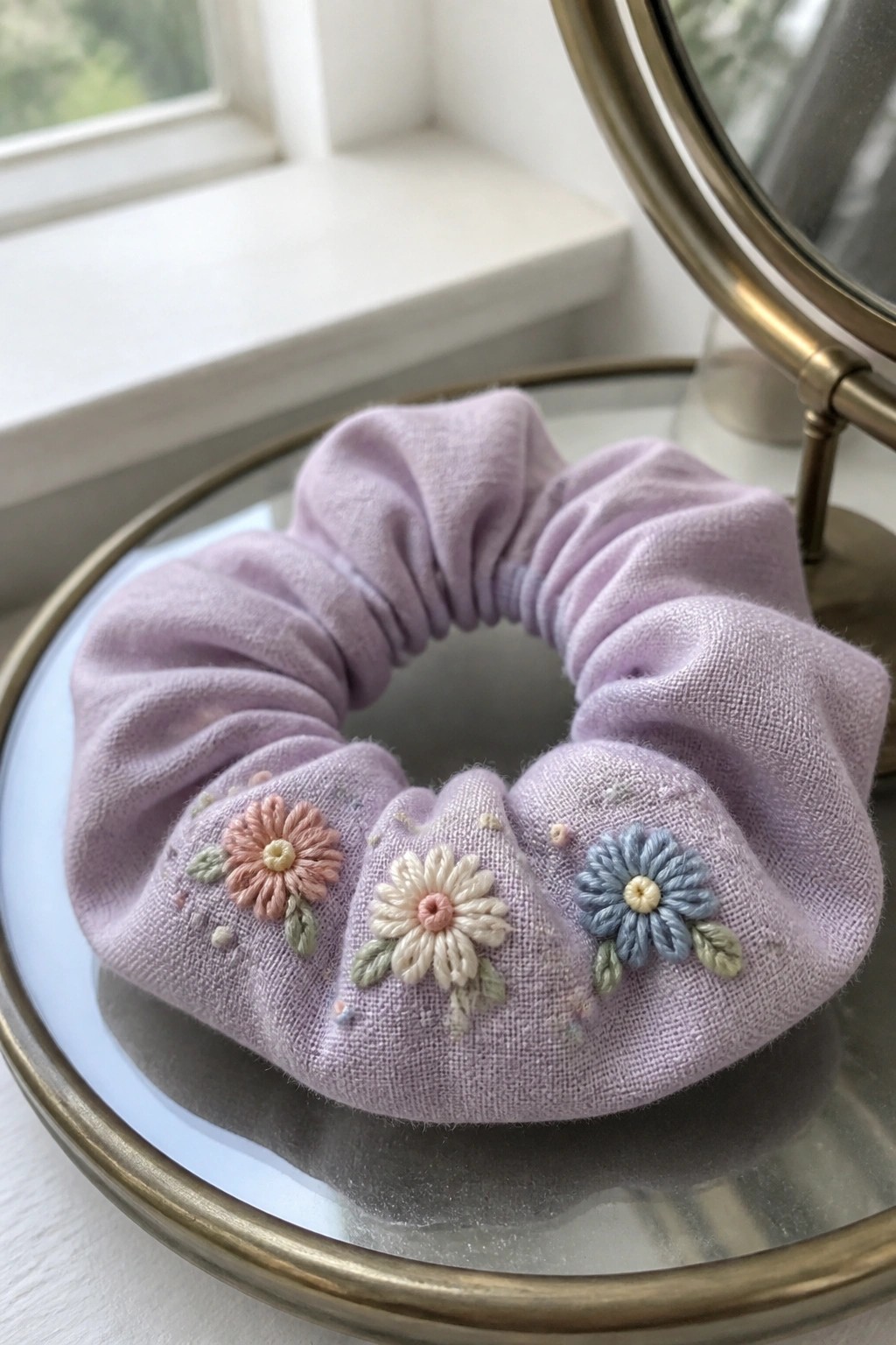Lavender scrunchie with pink, white, and blue embroidered flowers on glass tray