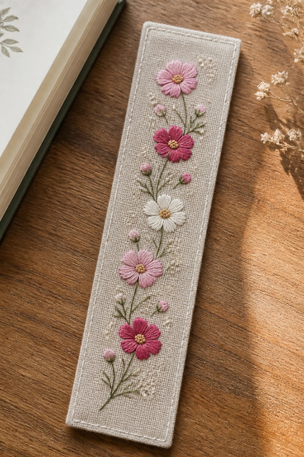 Embroidered bookmark with pink and white flowers on wooden table beside open book.
