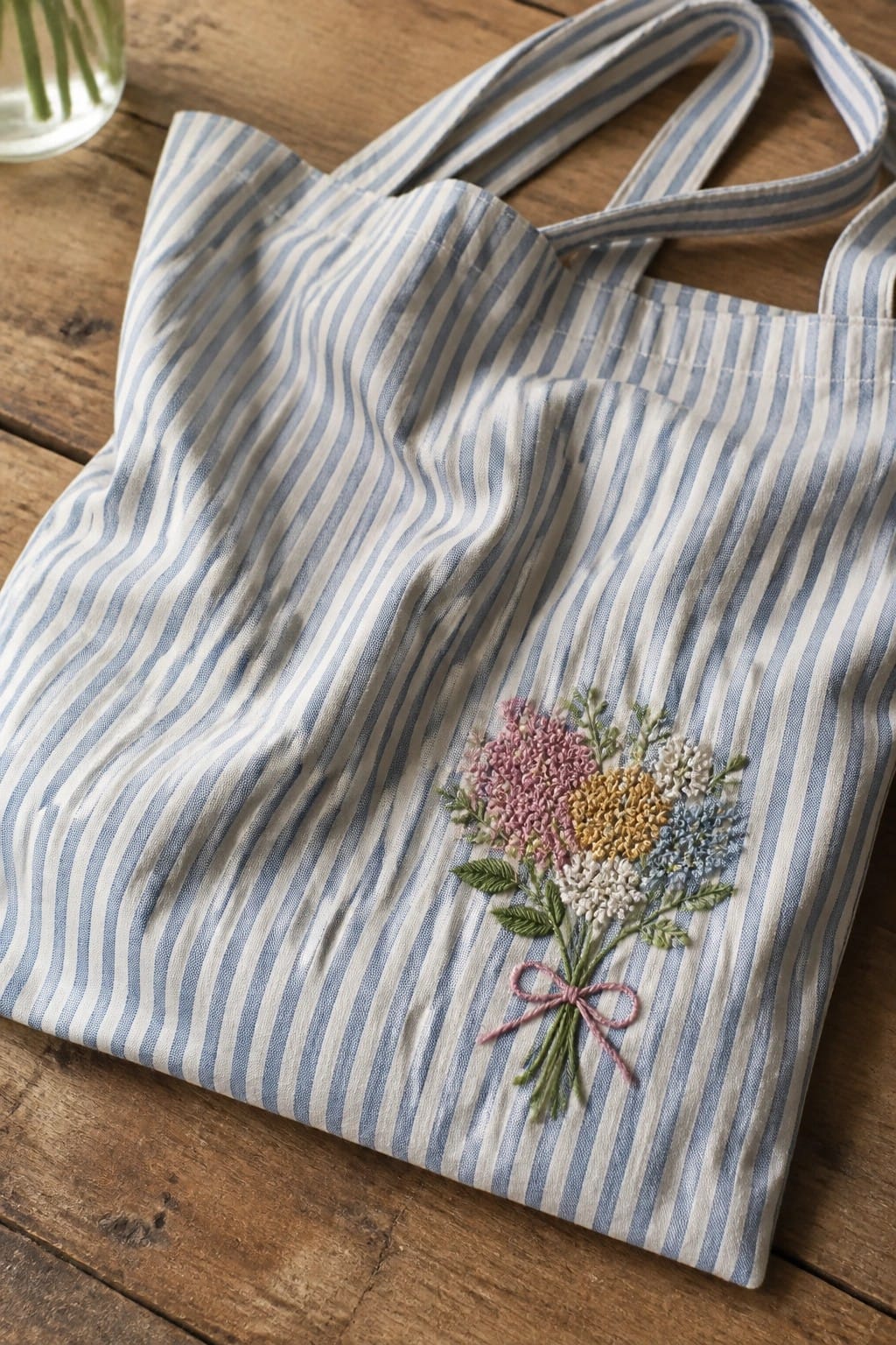 A blue and white striped tote bag with an embroidered floral bouquet and pink bow on the front.