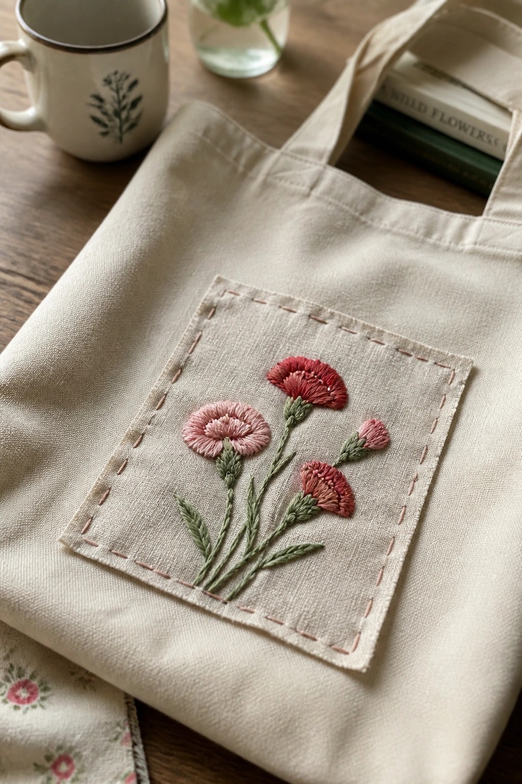 Beige canvas tote bag with pink and red embroidered flowers on wooden table
