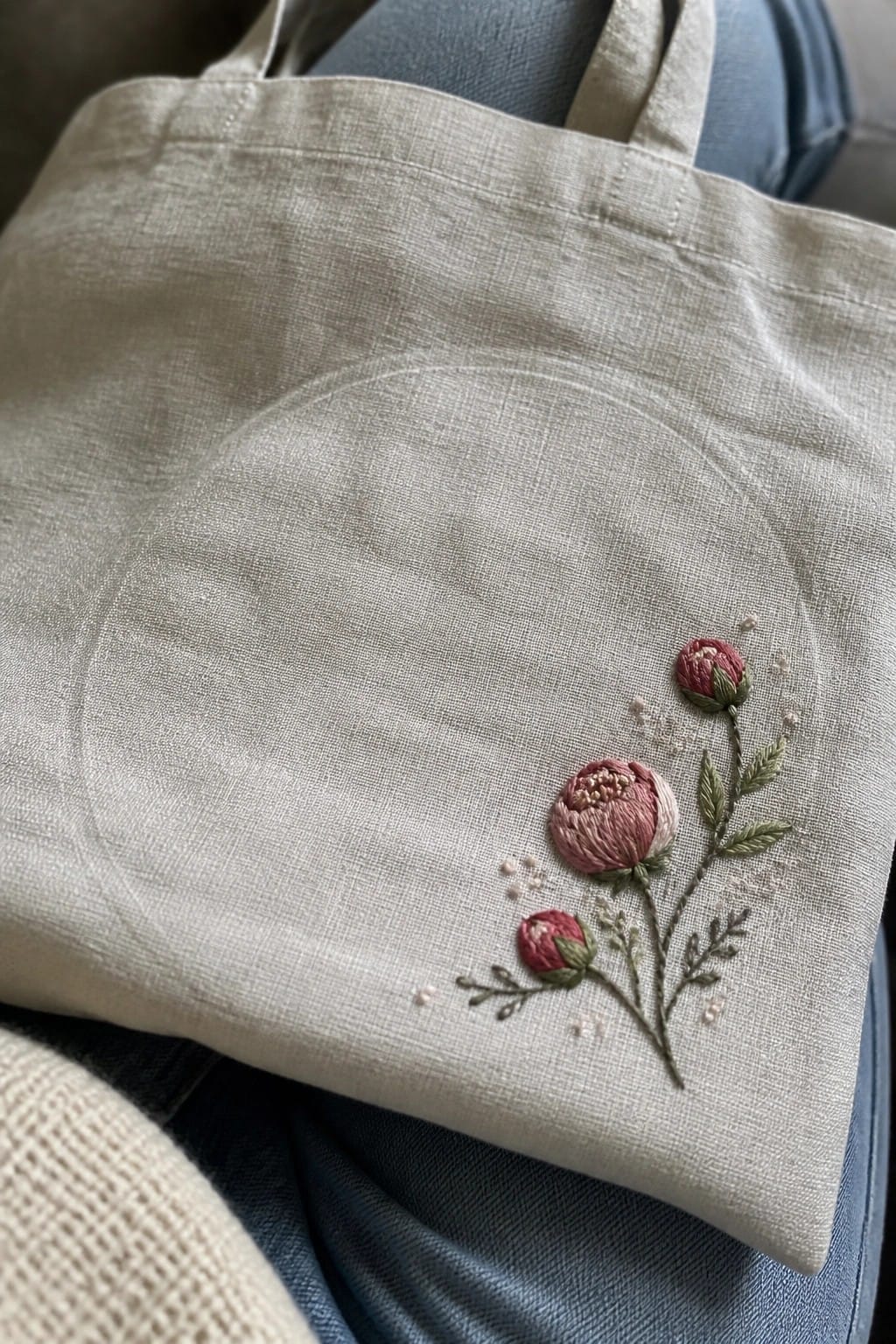 Beige tote bag with pink floral embroidery resting on blue jeans.