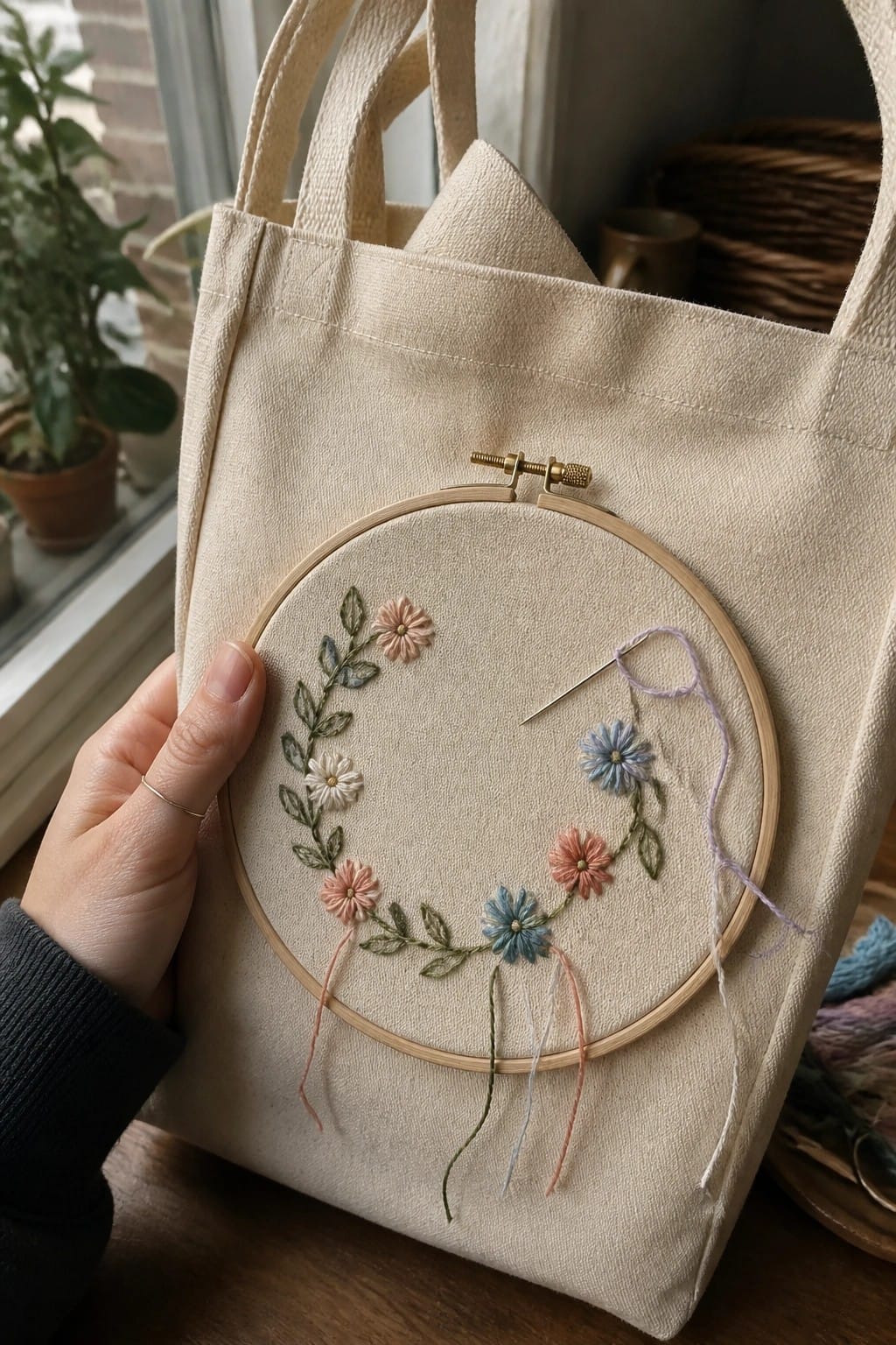 A hand holds a canvas tote bag with an embroidery hoop displaying a partial floral arc in pastel colors.