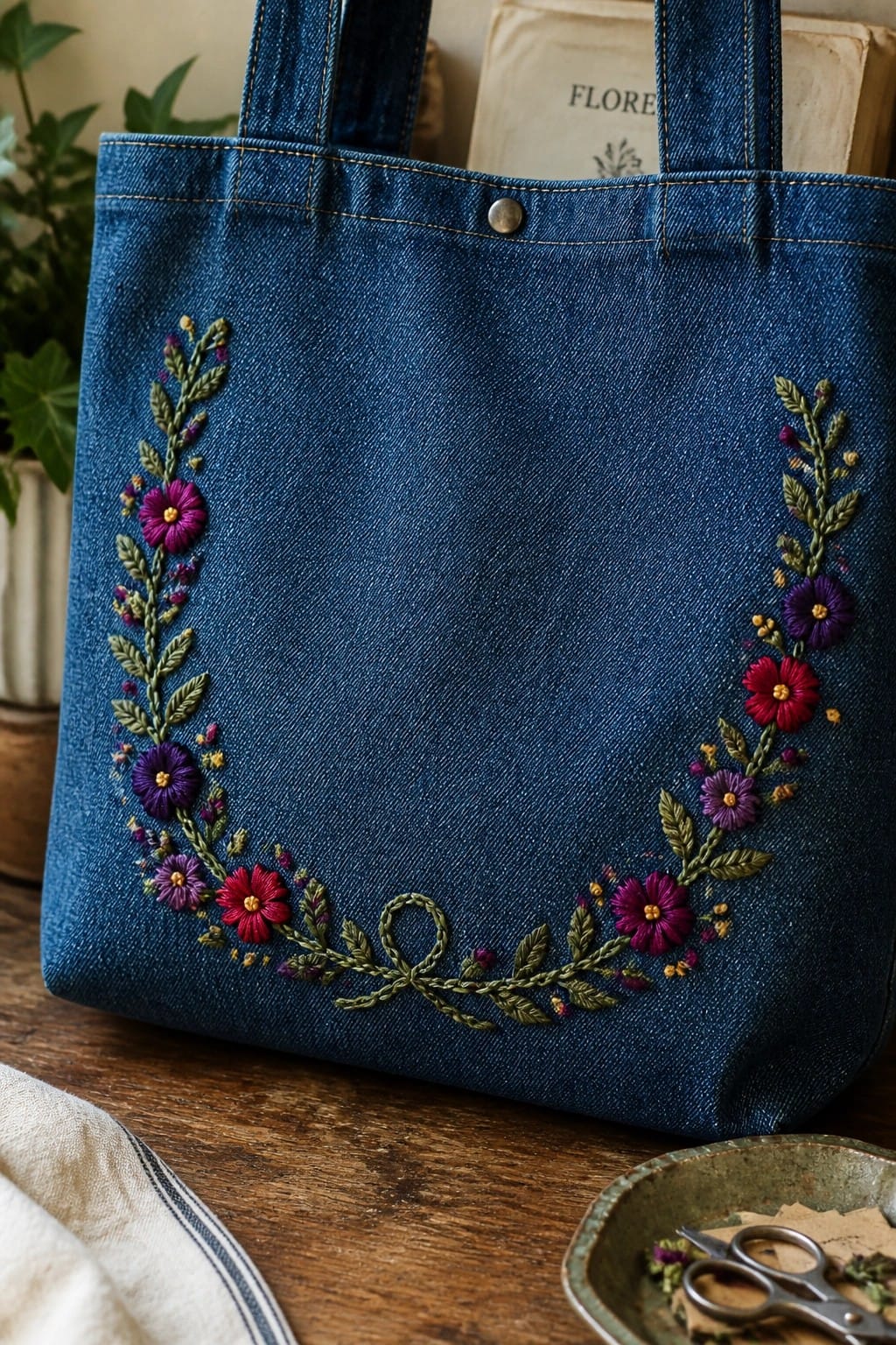Blue denim tote bag with embroidered floral wreath and bow on the front panel.