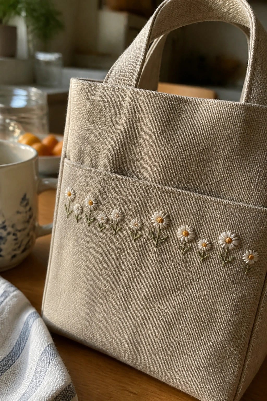 Beige linen tote bag with daisy embroidery on front pocket beside ceramic mug.