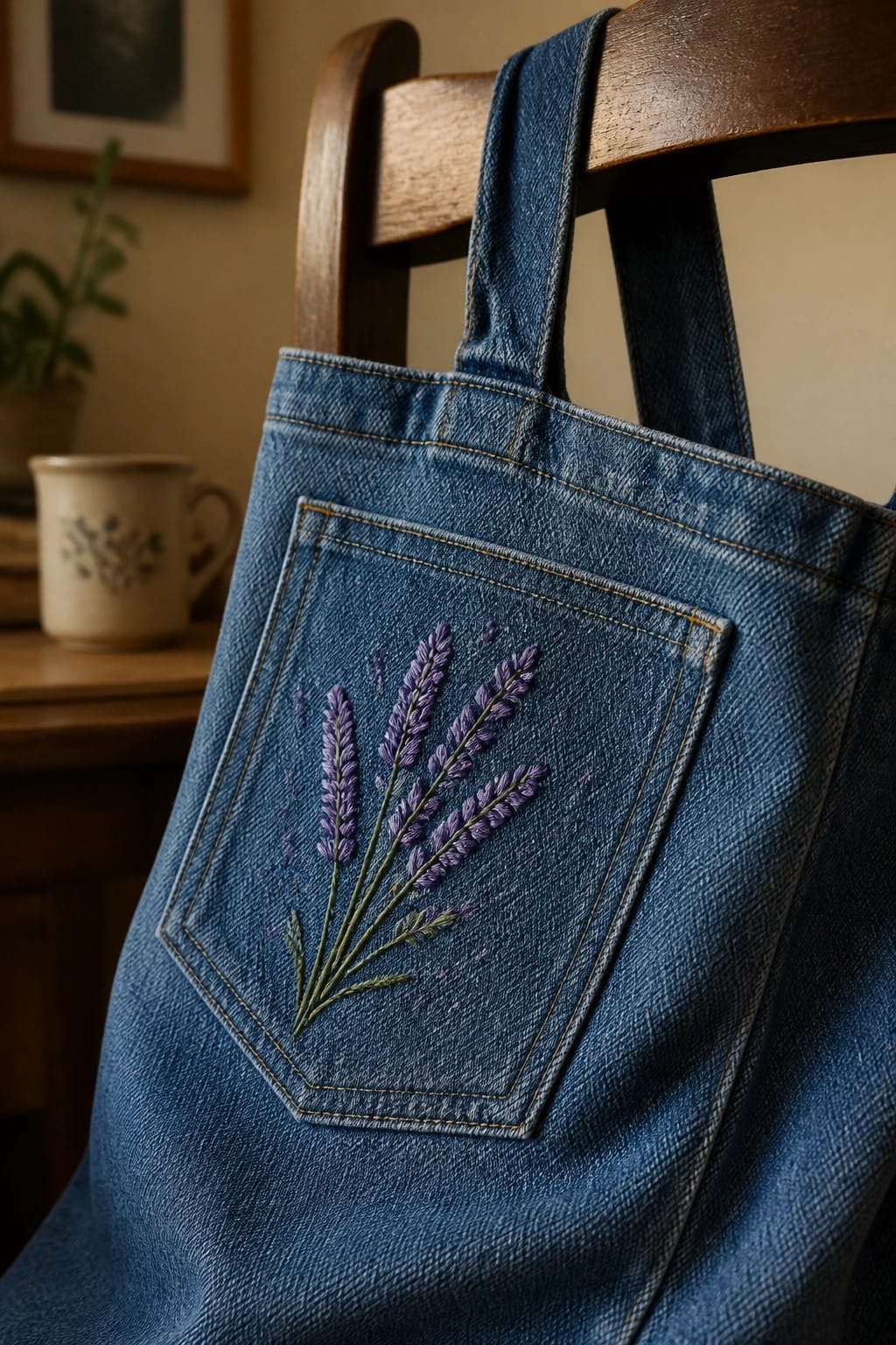 A blue denim tote bag with a pocket embroidered with purple lavender flowers hanging on a wooden chair.
