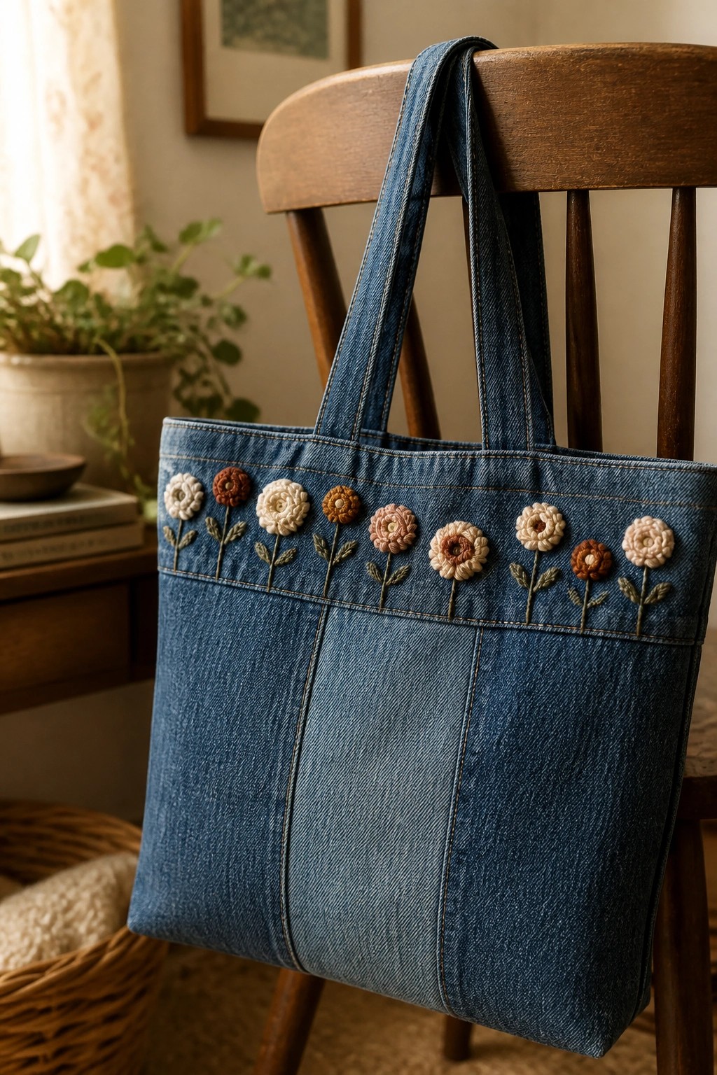 A blue denim tote bag embroidered with a horizontal row of small multicolored flowers and green stems along the top edge.