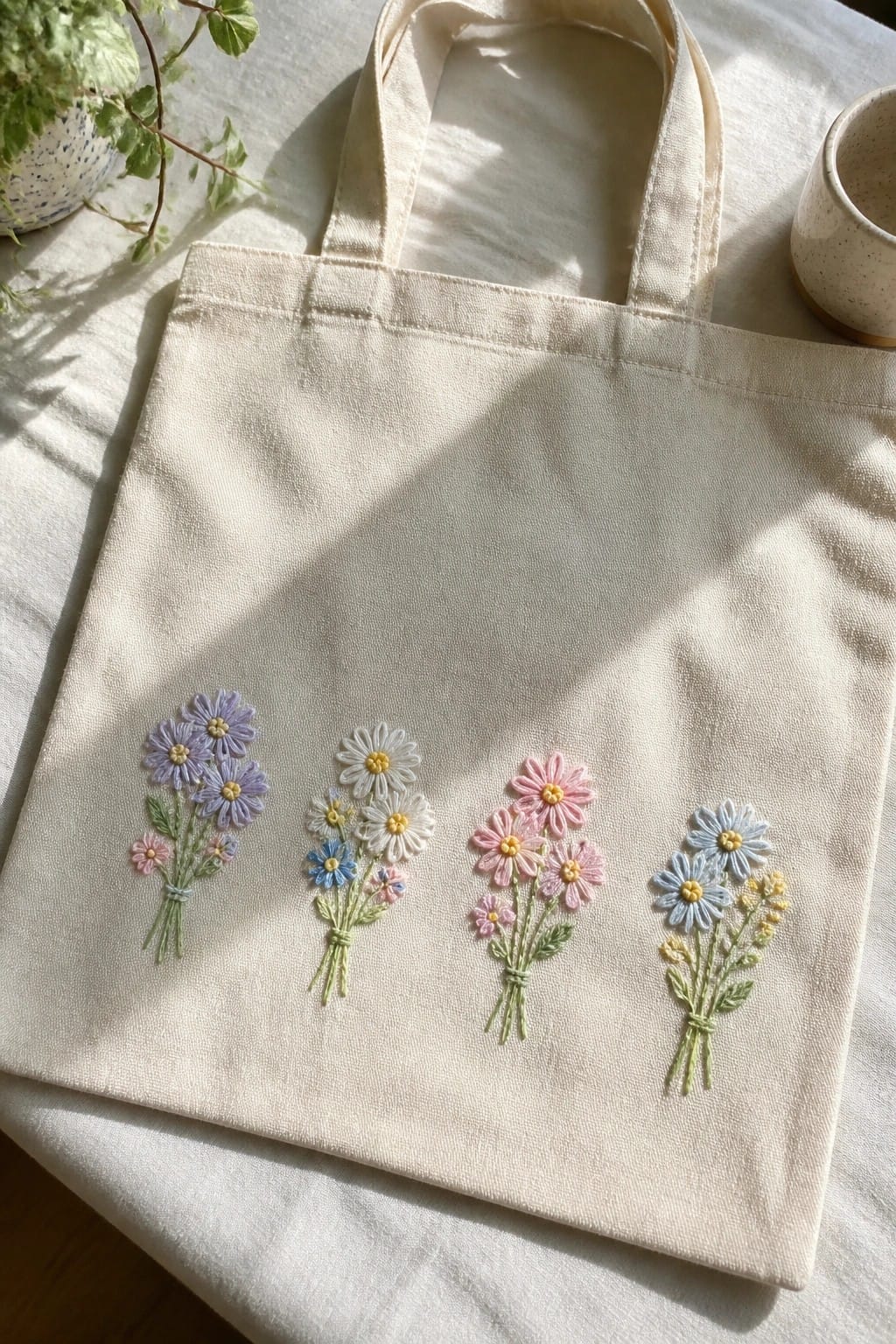 Cream canvas tote bag with four small embroidered flower bundles lined up horizontally.