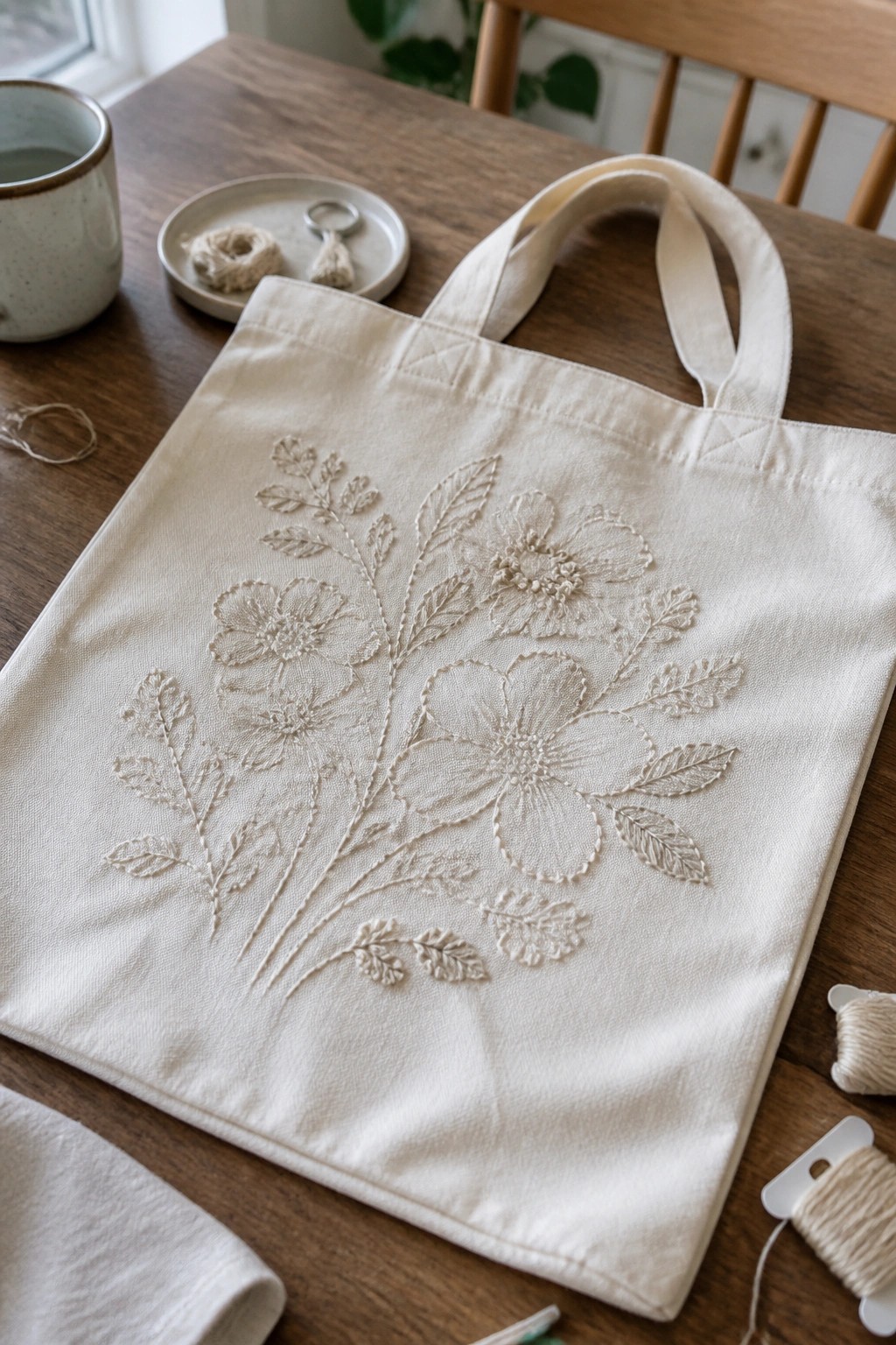 Cream canvas tote bag with a large embroidered floral branch in matching thread, shown on a wooden table with thread spools nearby.