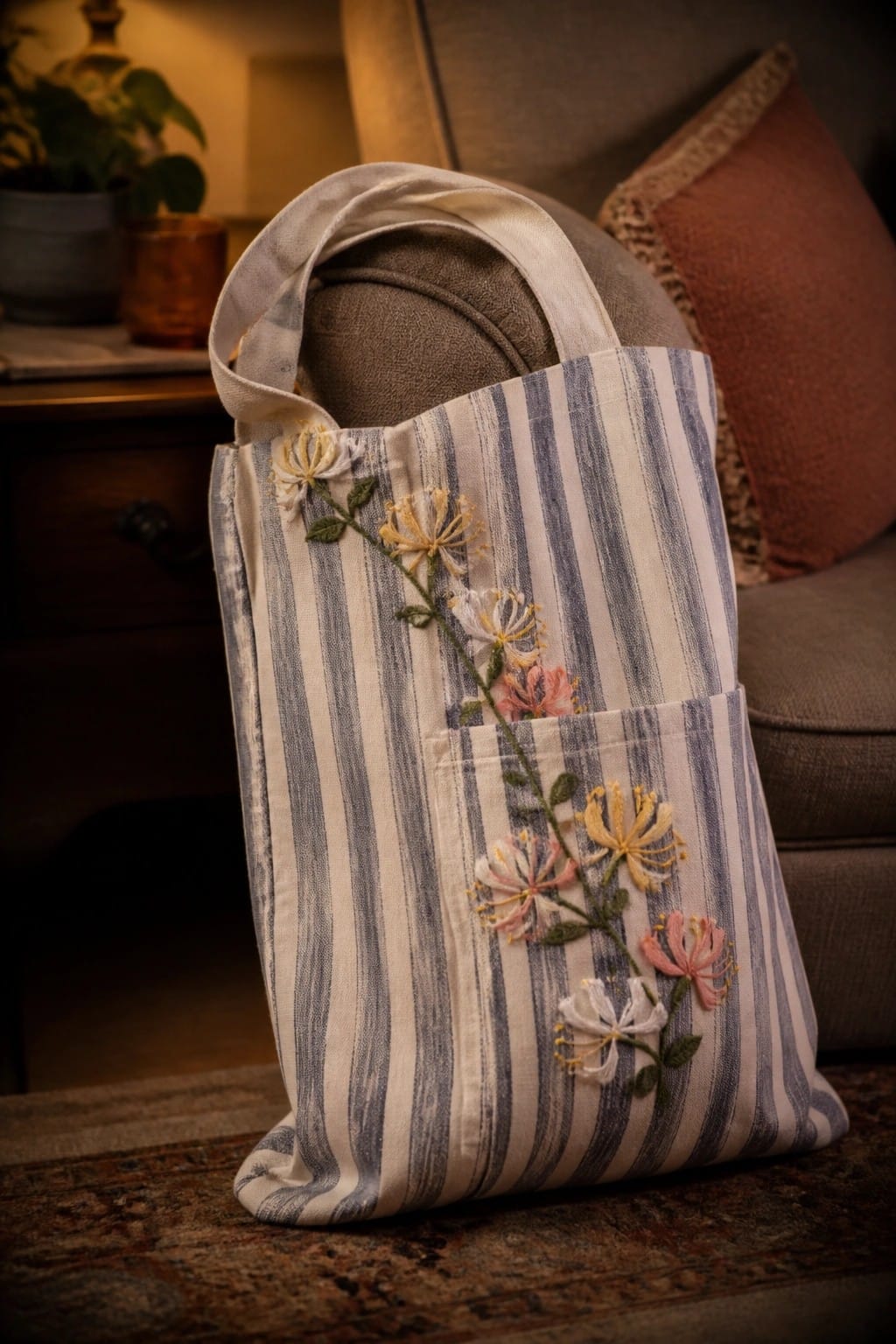 Striped tote bag with colorful floral embroidery leaning against a sofa